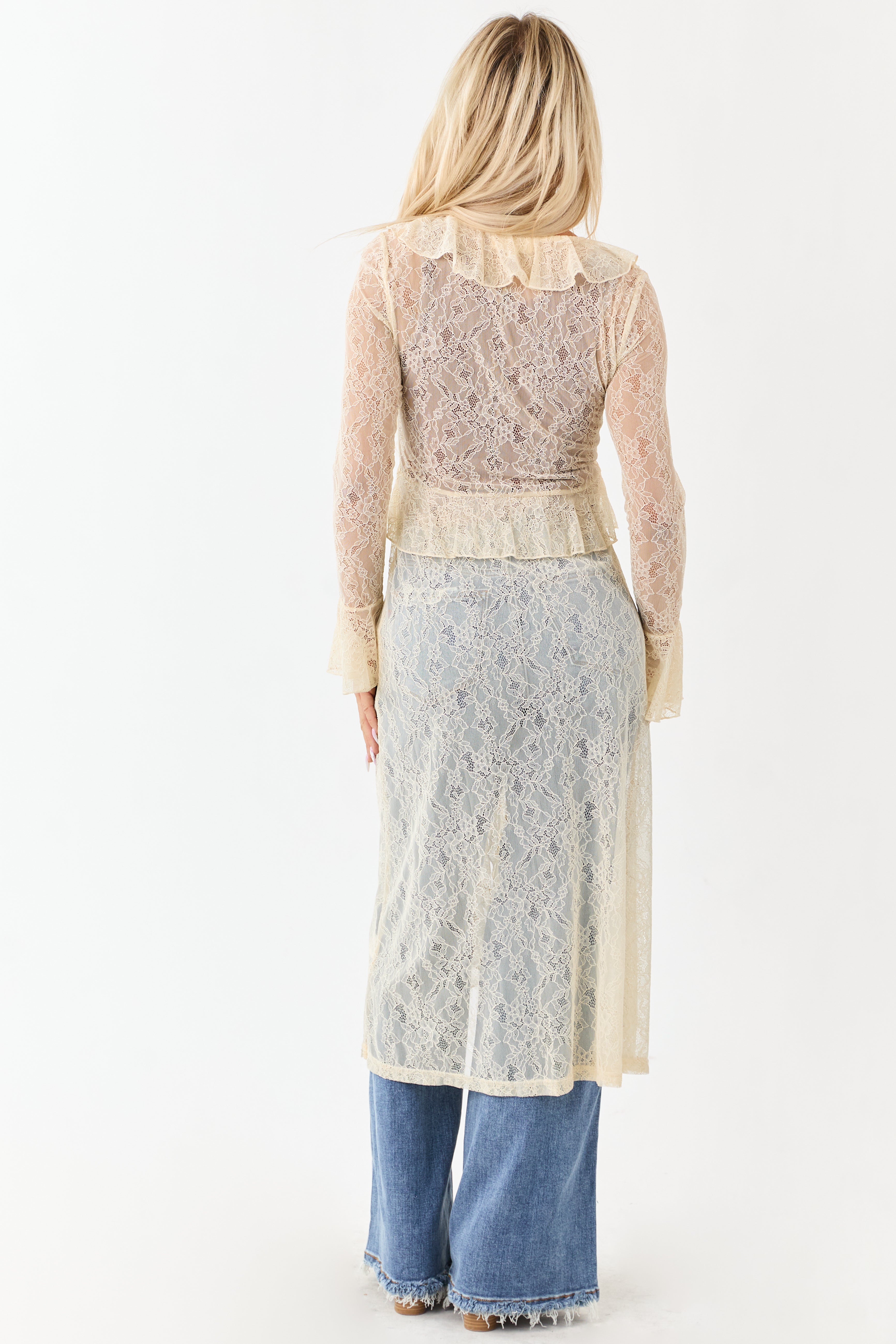 Listicle Cream Sheer Lace Ruffle Duster Cardigan