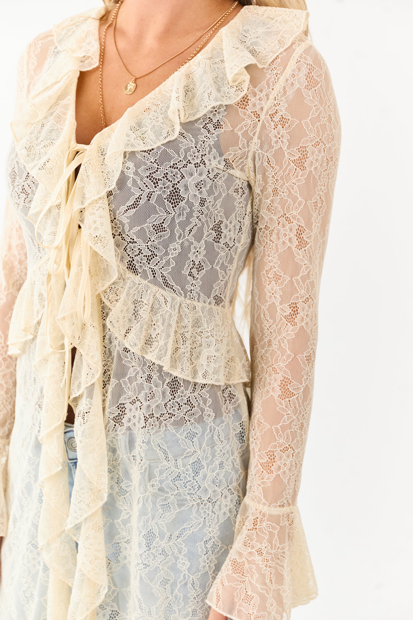 Listicle Cream Sheer Lace Ruffle Duster Cardigan