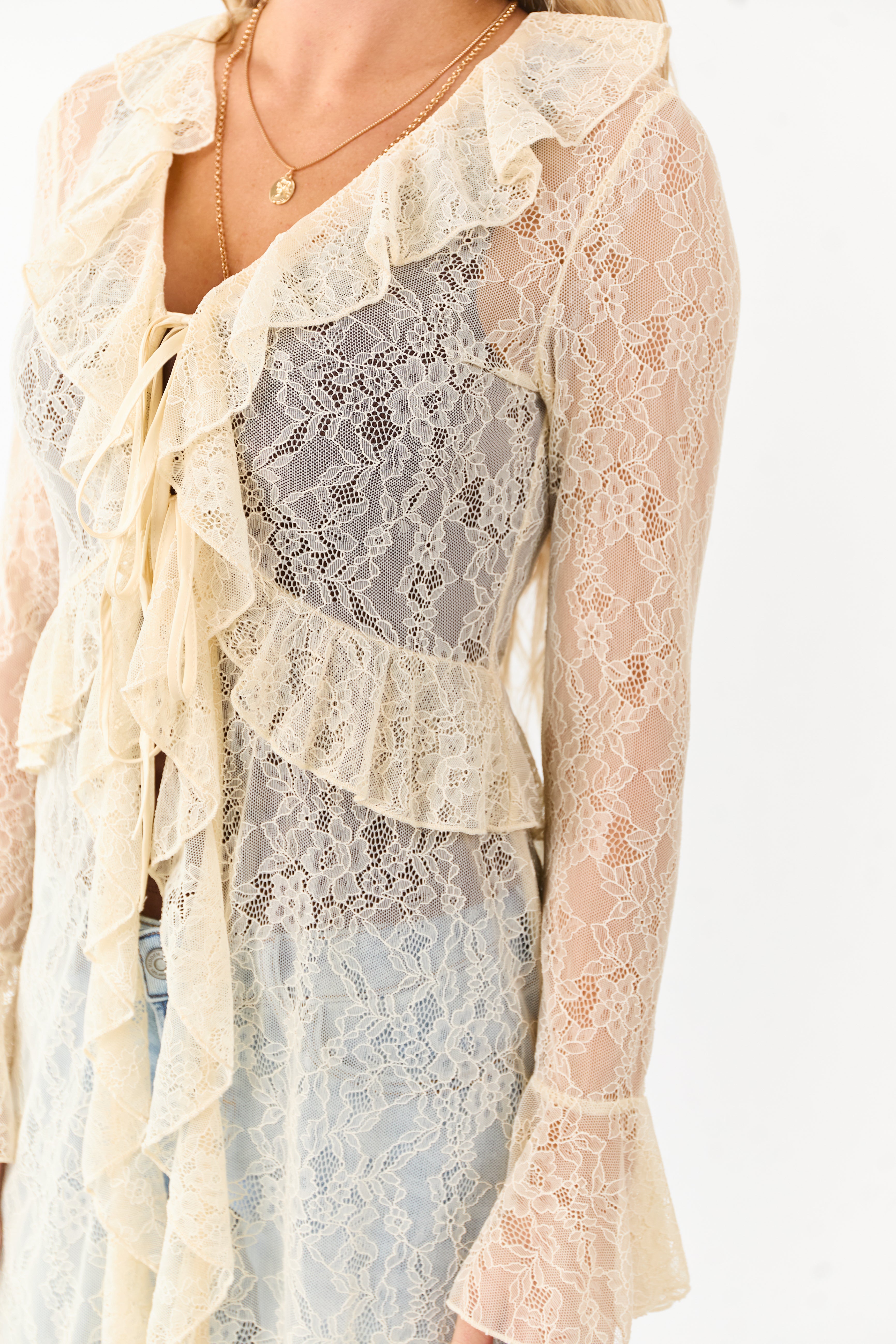 Listicle Cream Sheer Lace Ruffle Duster Cardigan