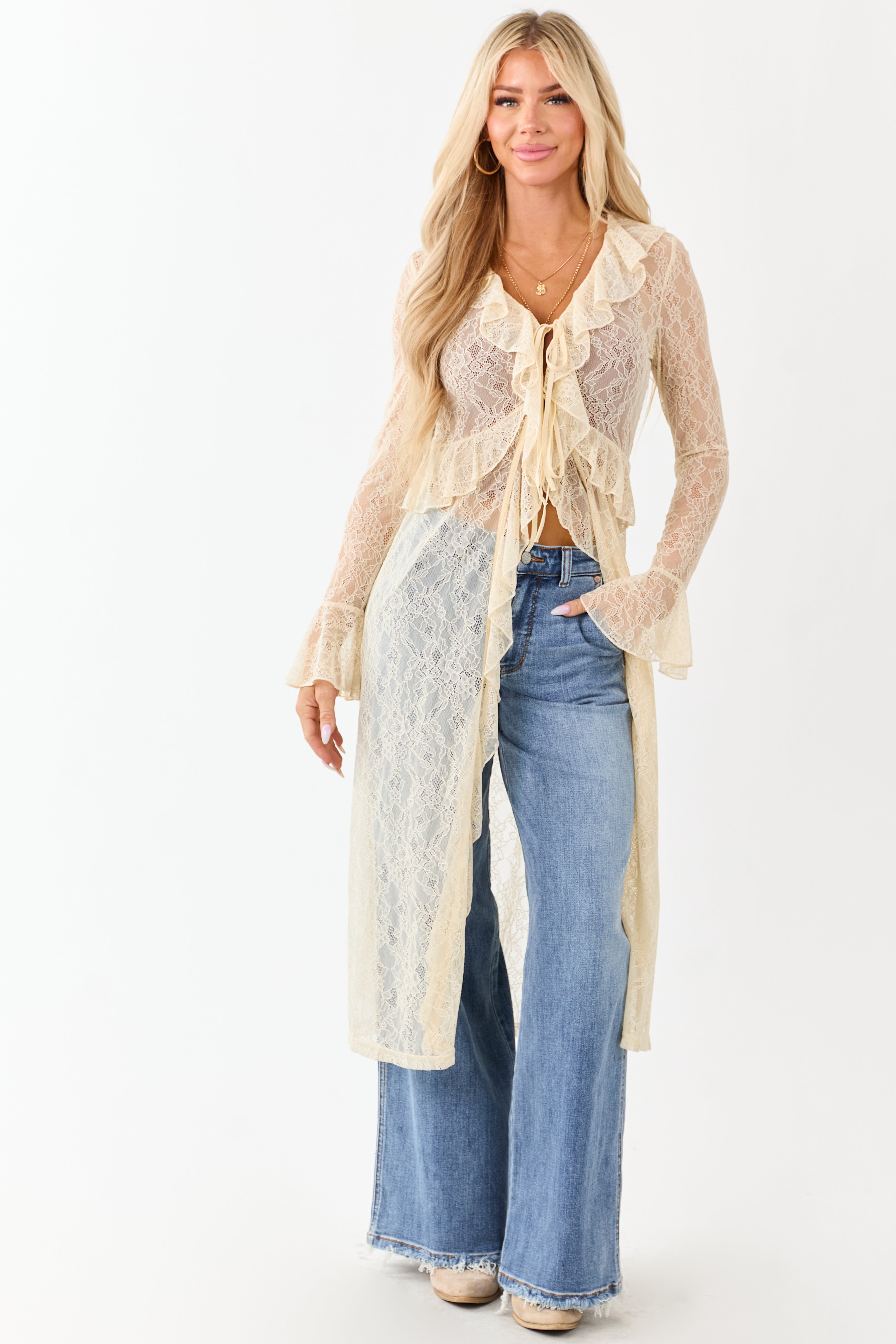Listicle Cream Sheer Lace Ruffle Duster Cardigan