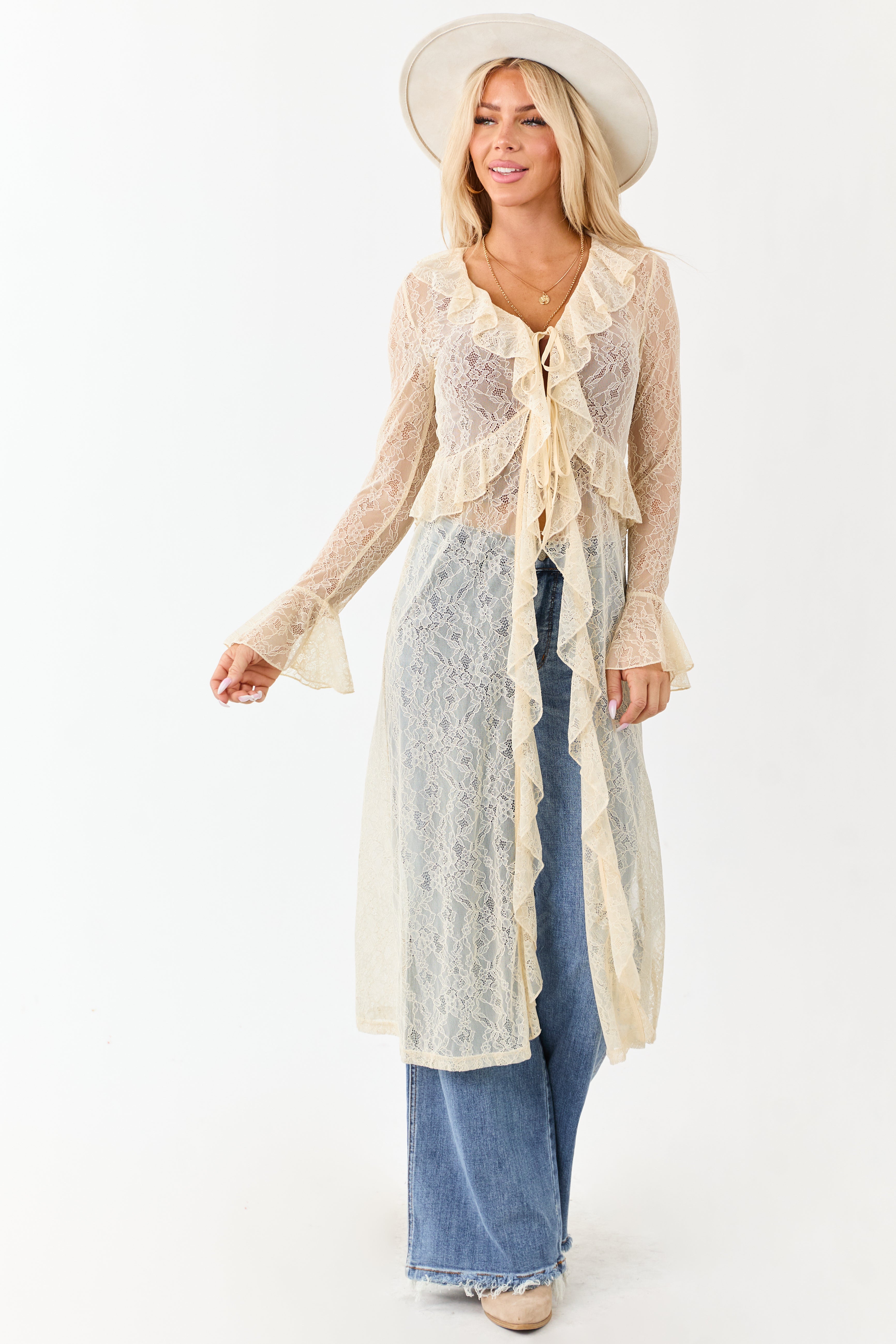 Listicle Cream Sheer Lace Ruffle Duster Cardigan