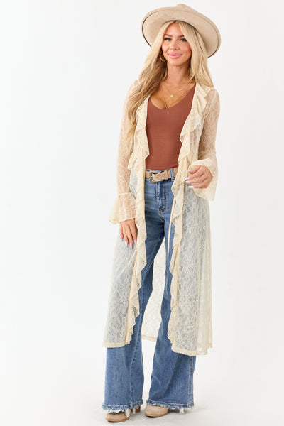 Listicle Cream Sheer Lace Ruffle Duster Cardigan