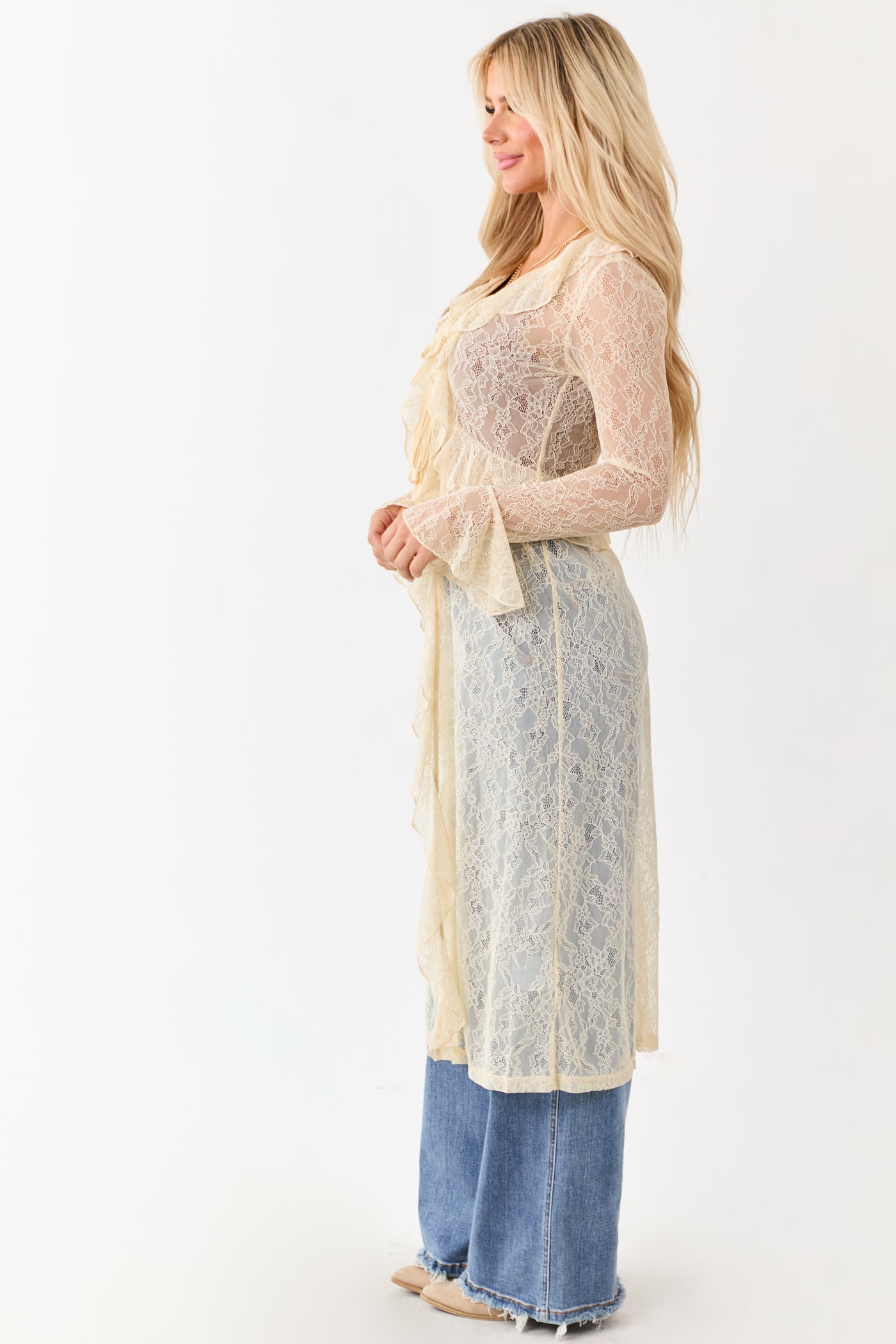 Listicle Cream Sheer Lace Ruffle Duster Cardigan