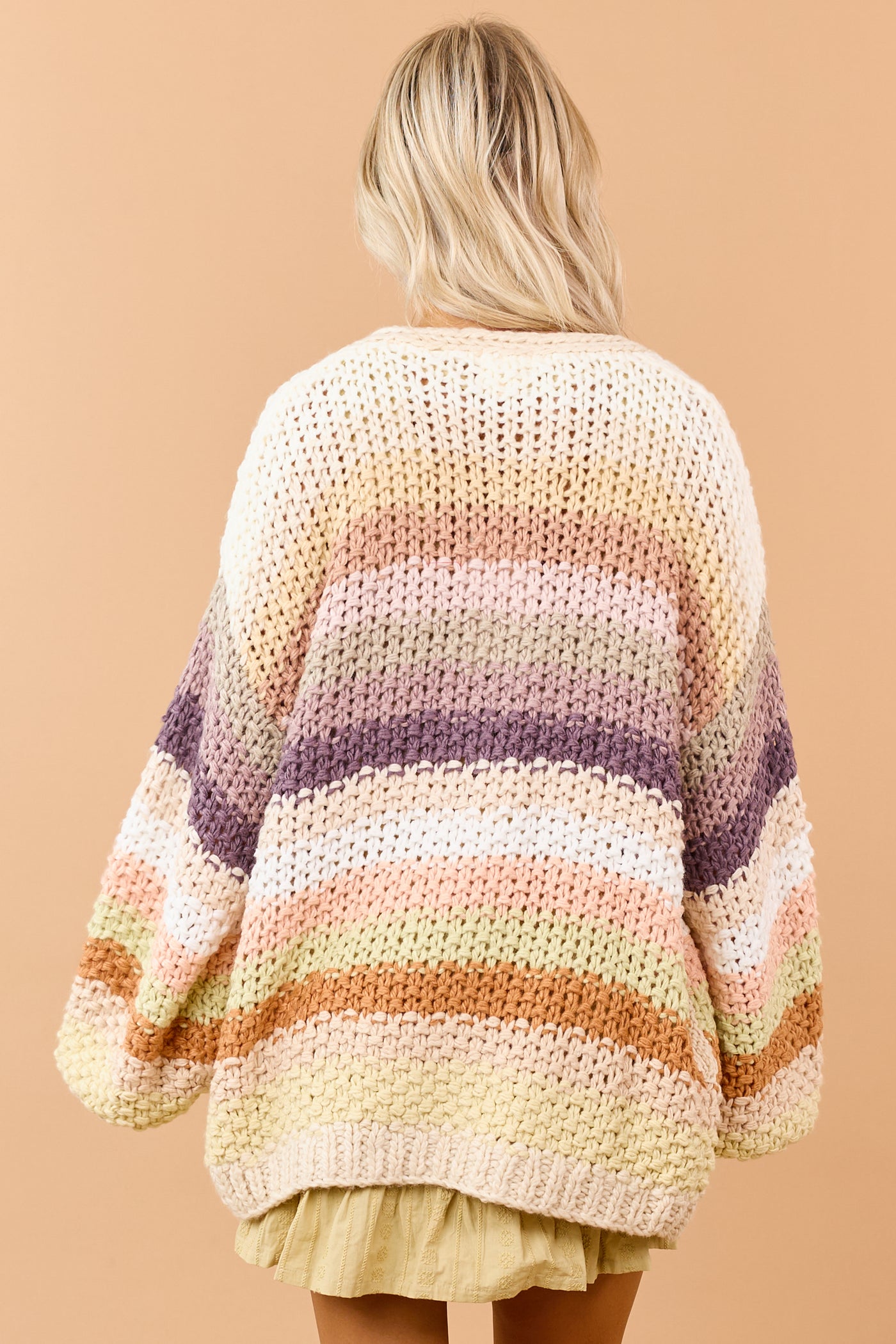 Listicle Cream Striped Open Front Crochet Cardigan