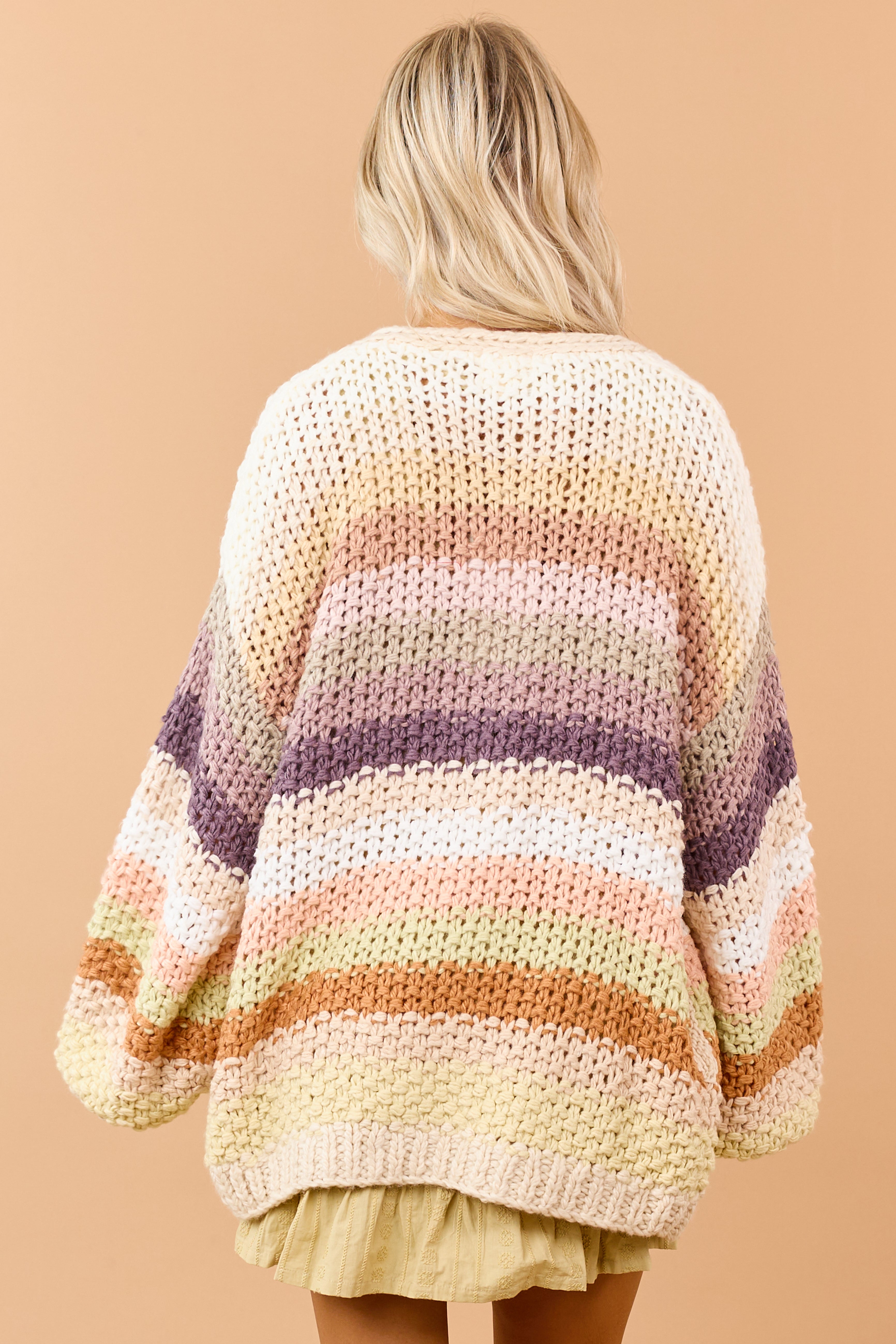 Listicle Cream Striped Open Front Crochet Cardigan