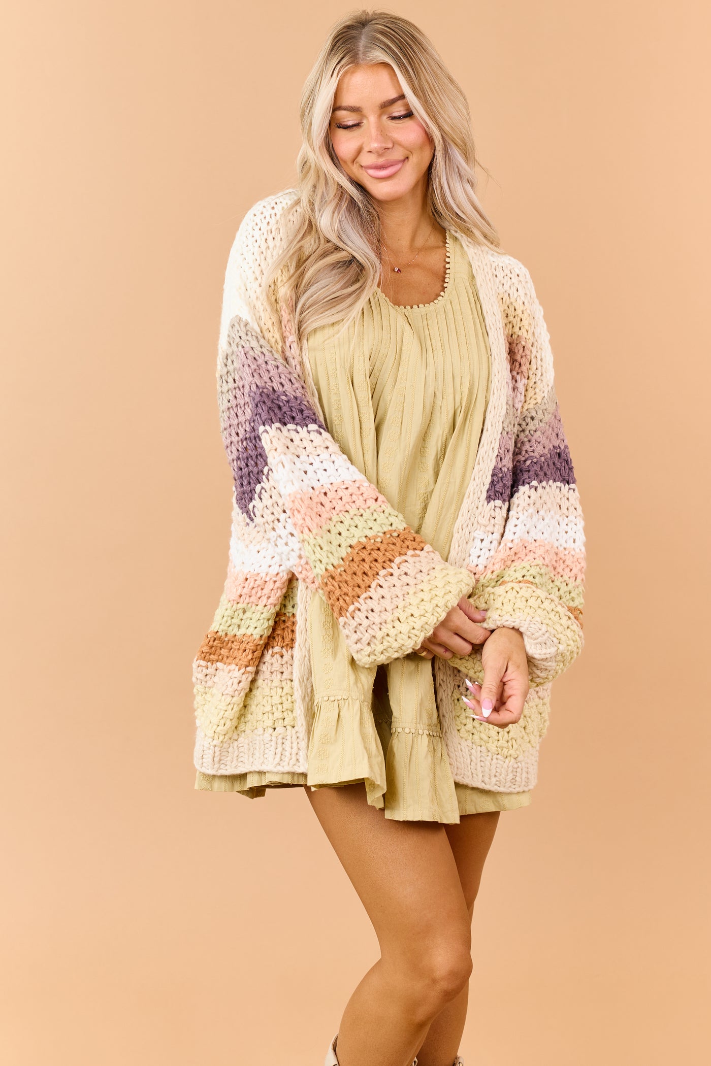 Listicle Cream Striped Open Front Crochet Cardigan