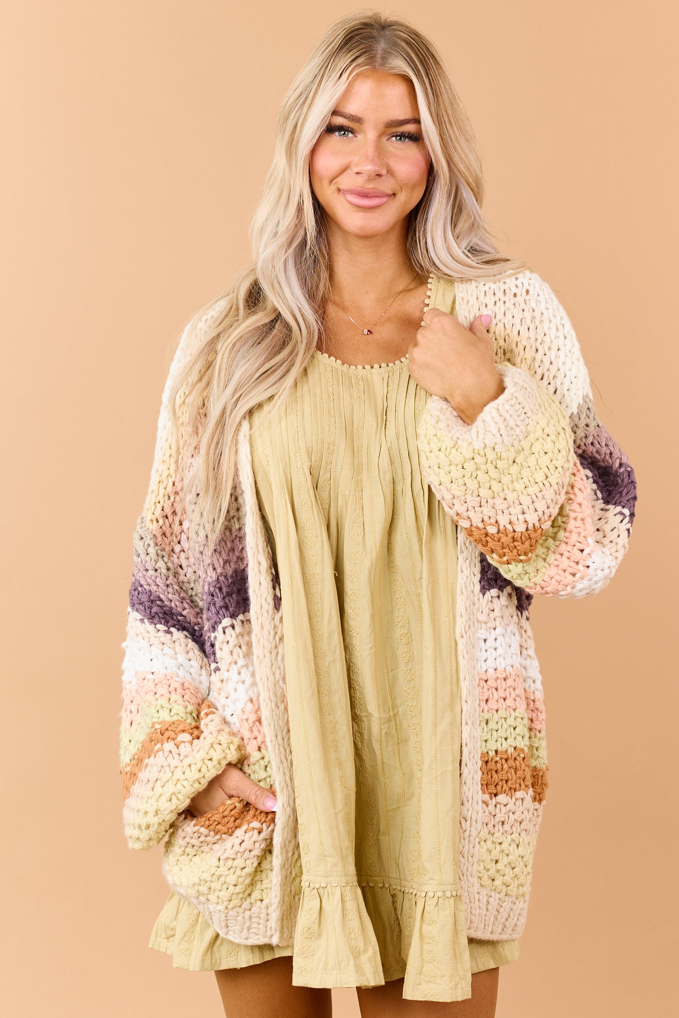 Listicle Cream Striped Open Front Crochet Cardigan