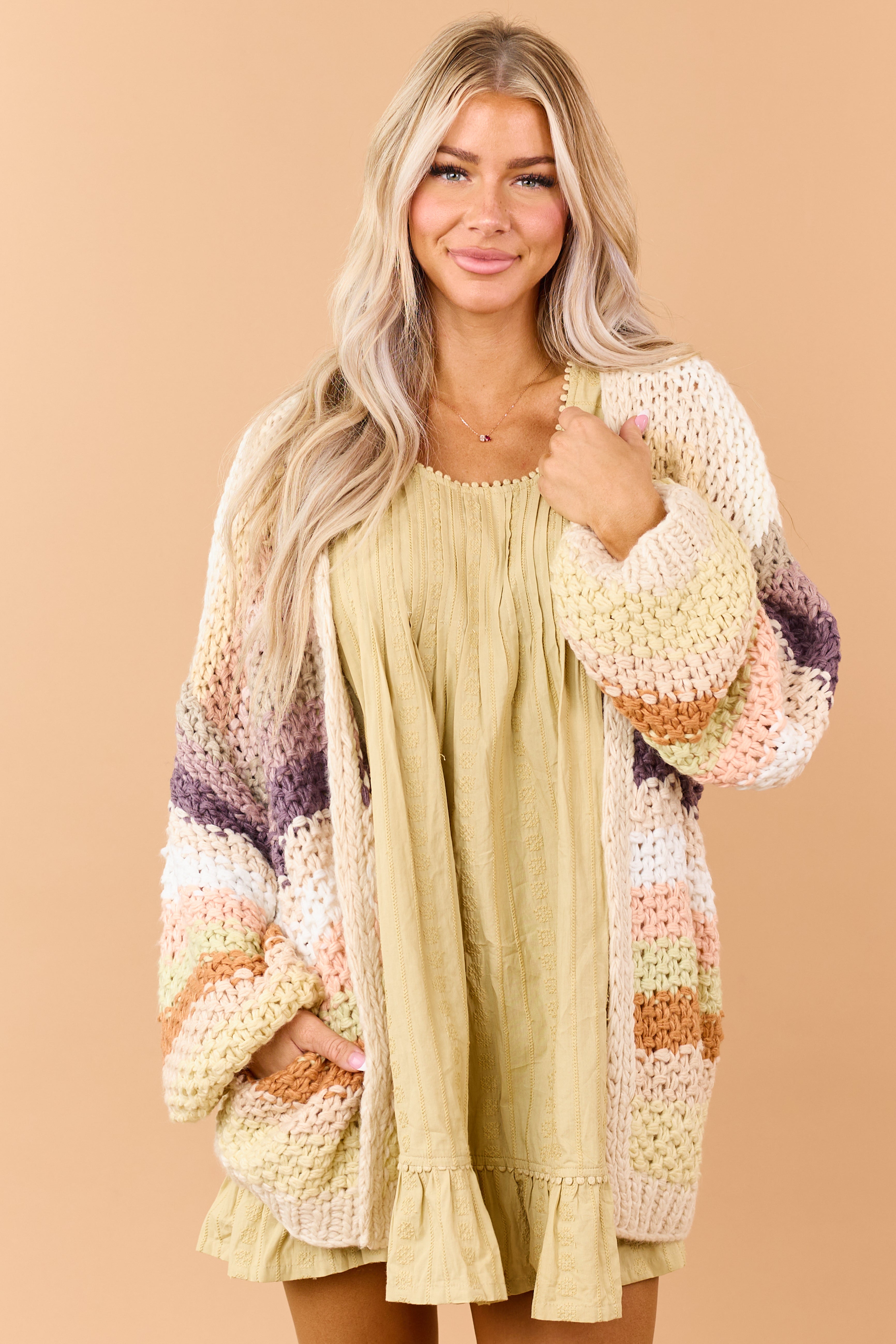 Listicle Cream Striped Open Front Crochet Cardigan
