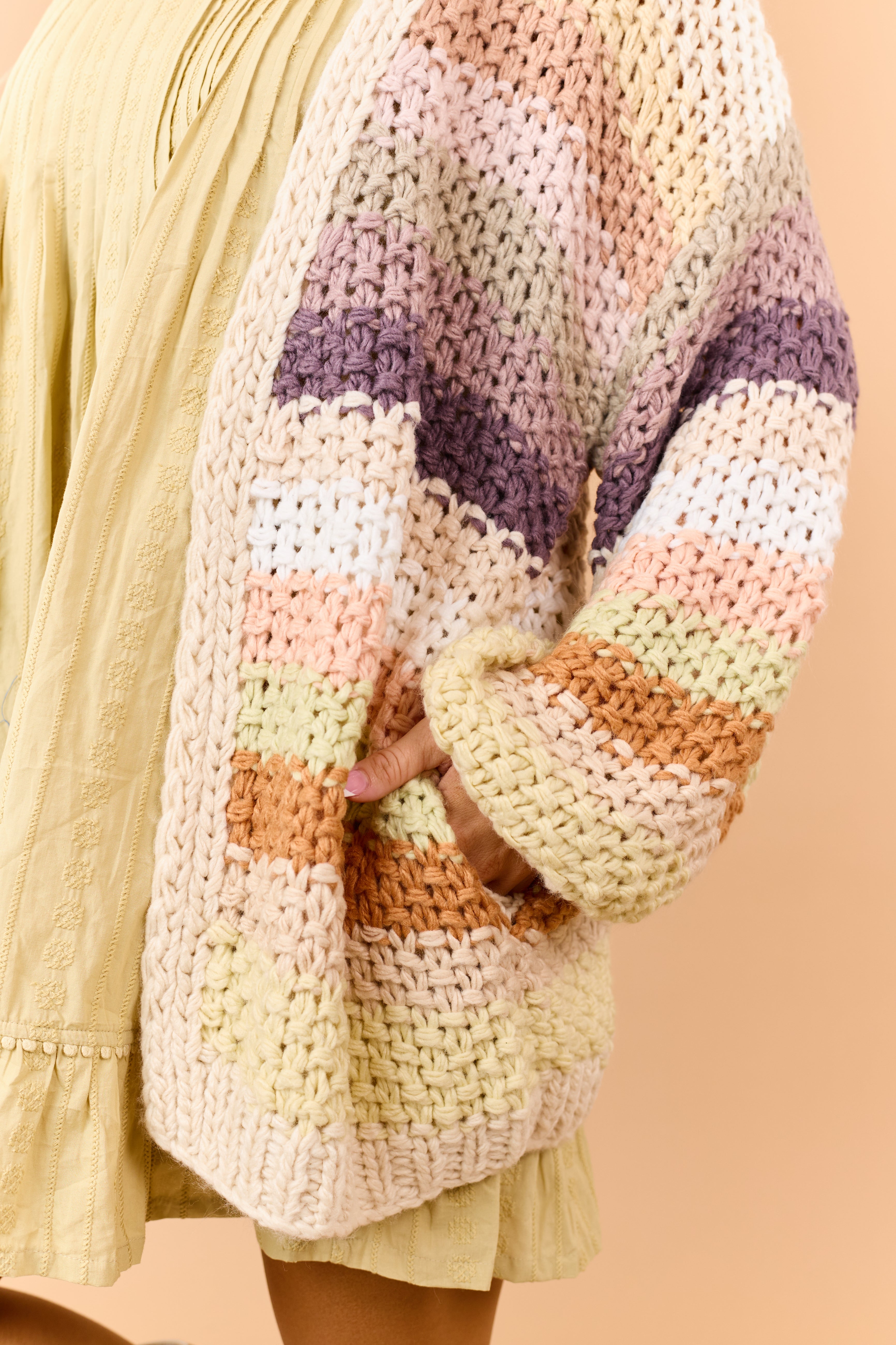 Listicle Cream Striped Open Front Crochet Cardigan