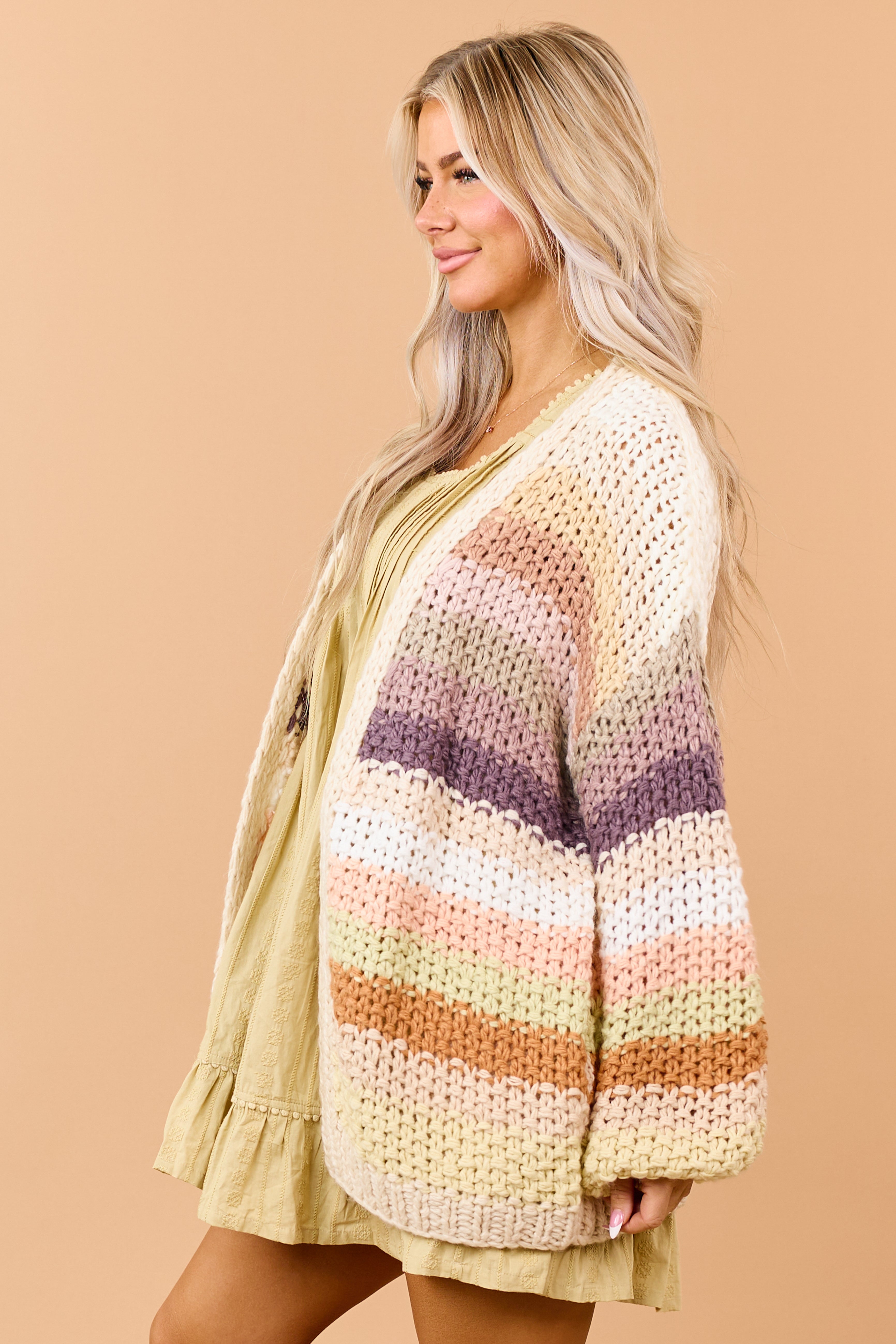 Listicle Cream Striped Open Front Crochet Cardigan