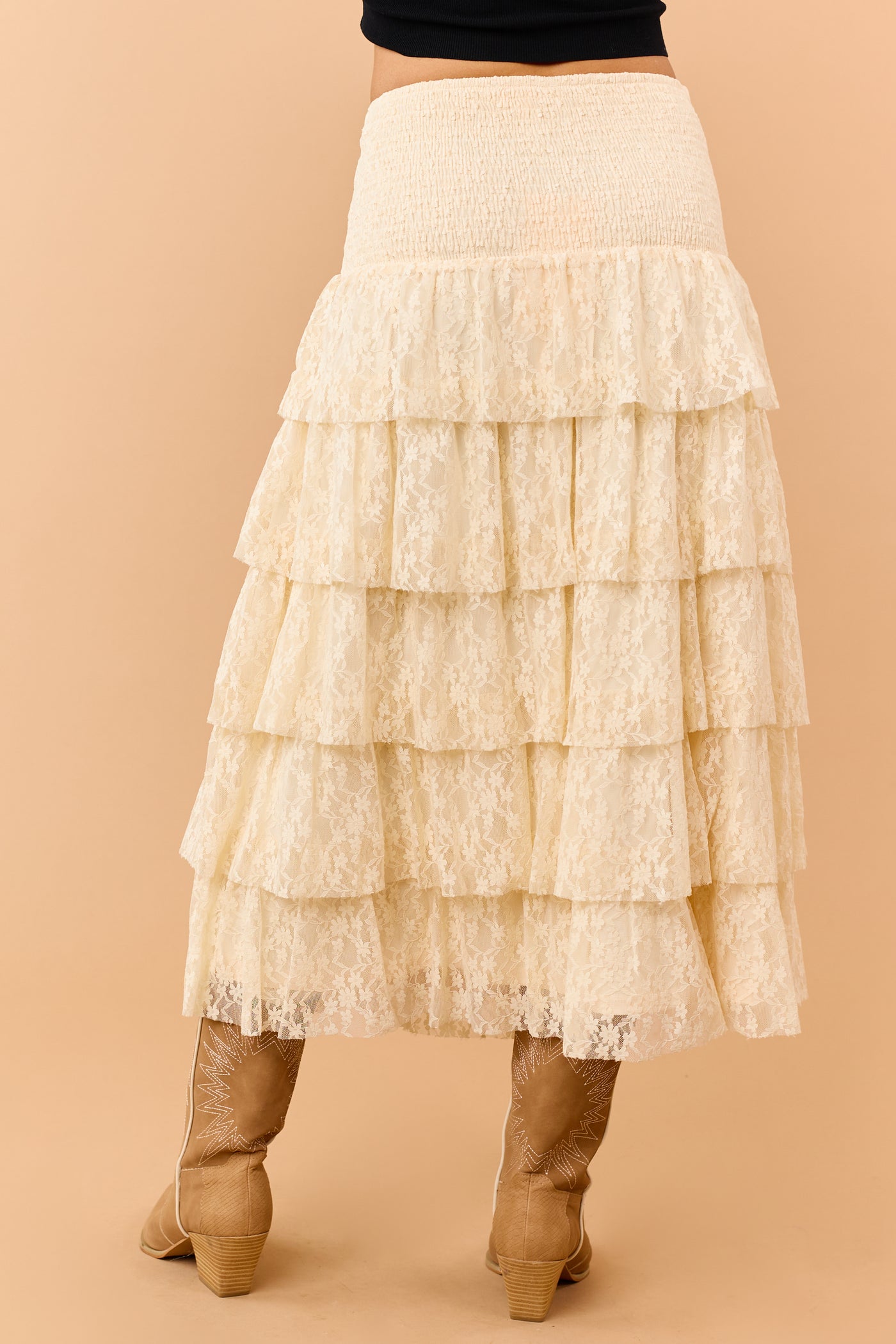 Listicle Cream Tiered Floral Lace Midi Skirt