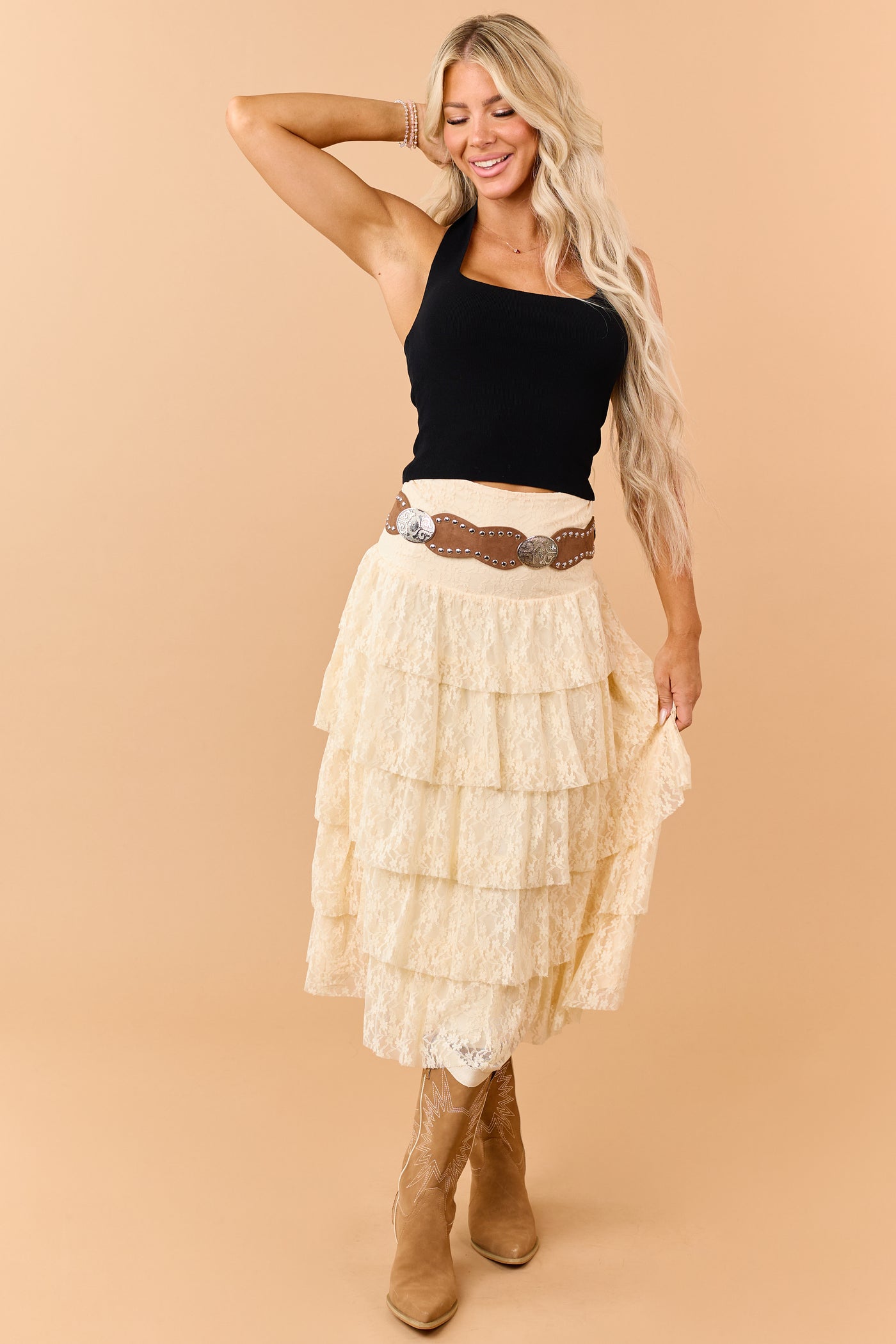 Listicle Cream Tiered Floral Lace Midi Skirt