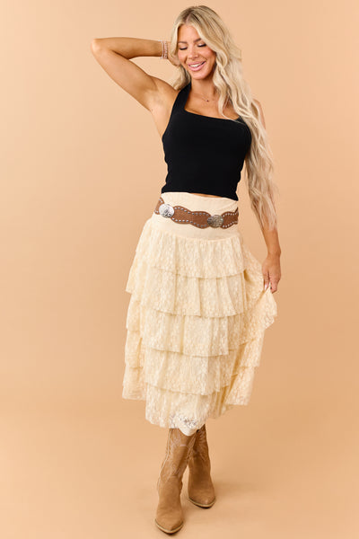 Listicle Cream Tiered Floral Lace Midi Skirt