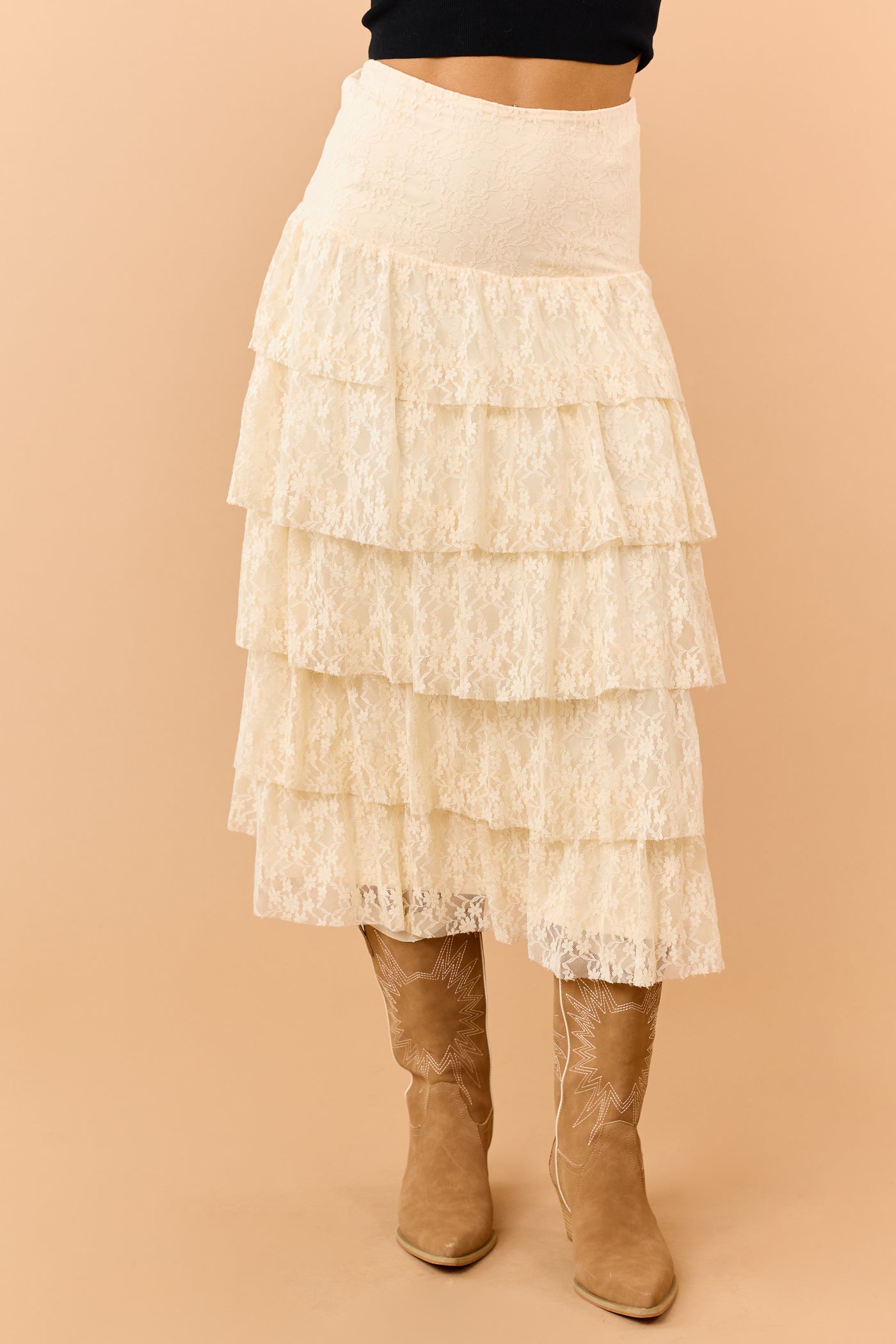 Listicle Cream Tiered Floral Lace Midi Skirt