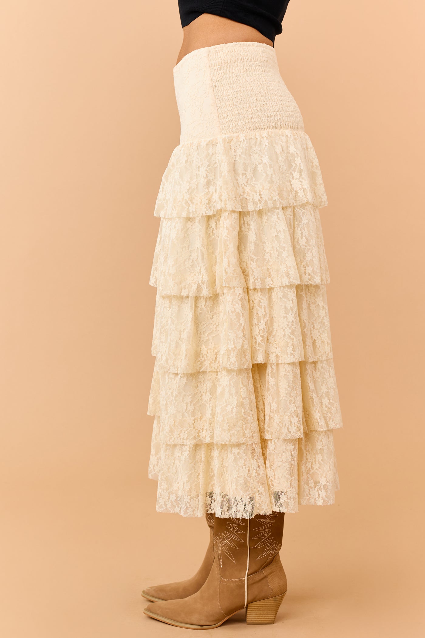 Listicle Cream Tiered Floral Lace Midi Skirt