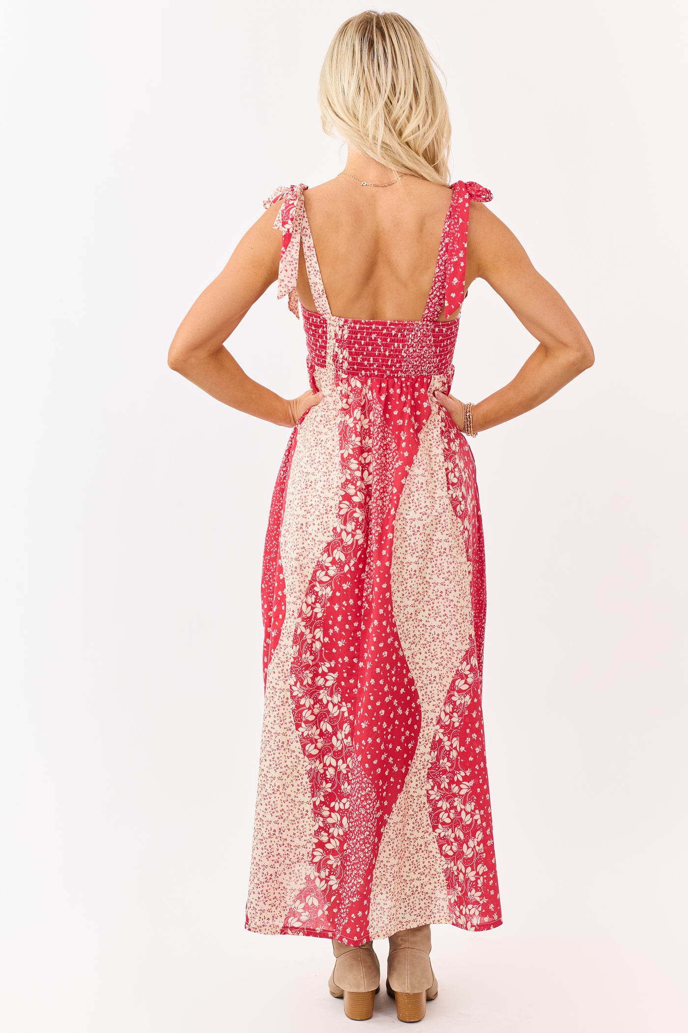 Listicle Crimson Floral Patchwork Cotton Midi Dress