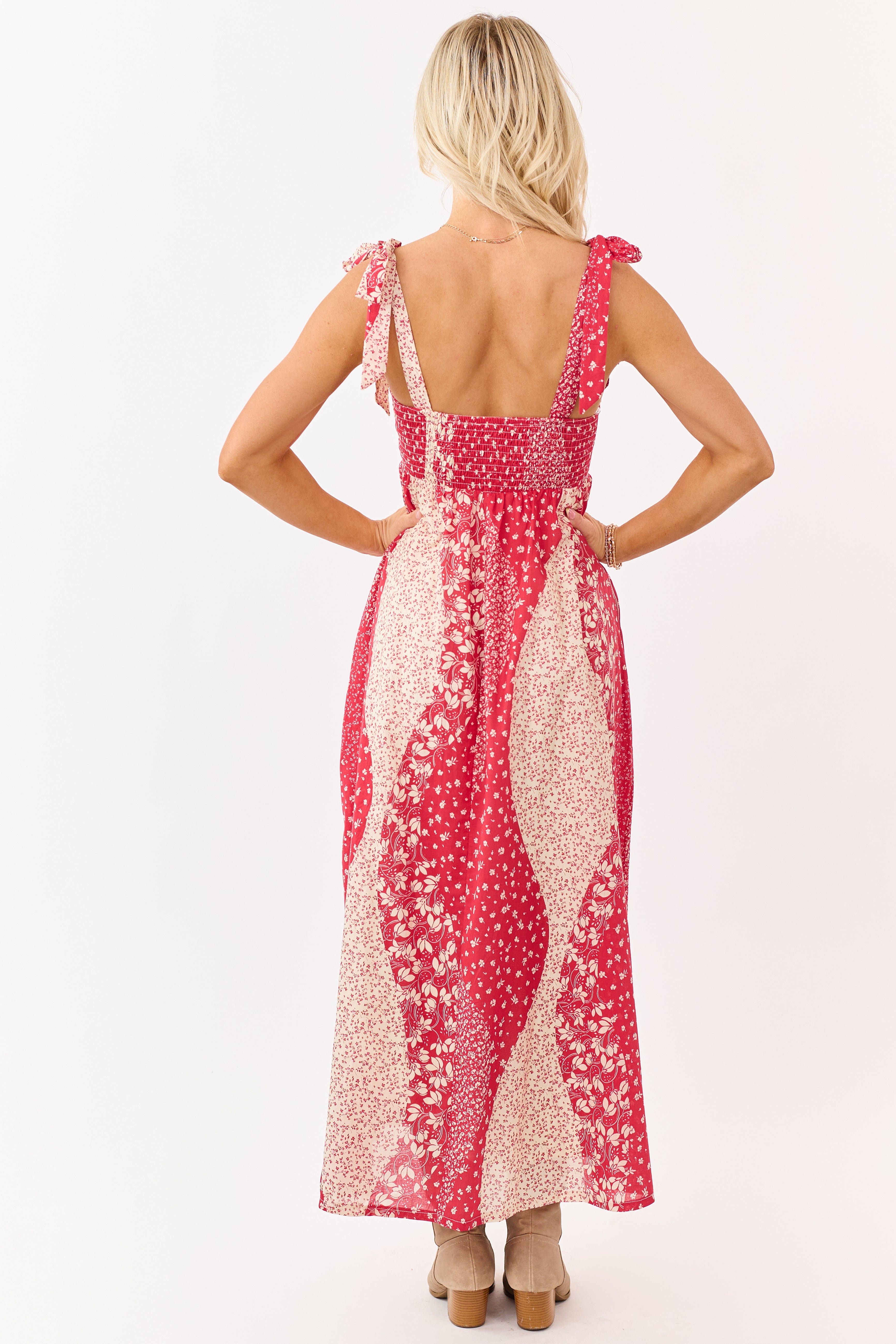 Listicle Crimson Floral Patchwork Cotton Midi Dress