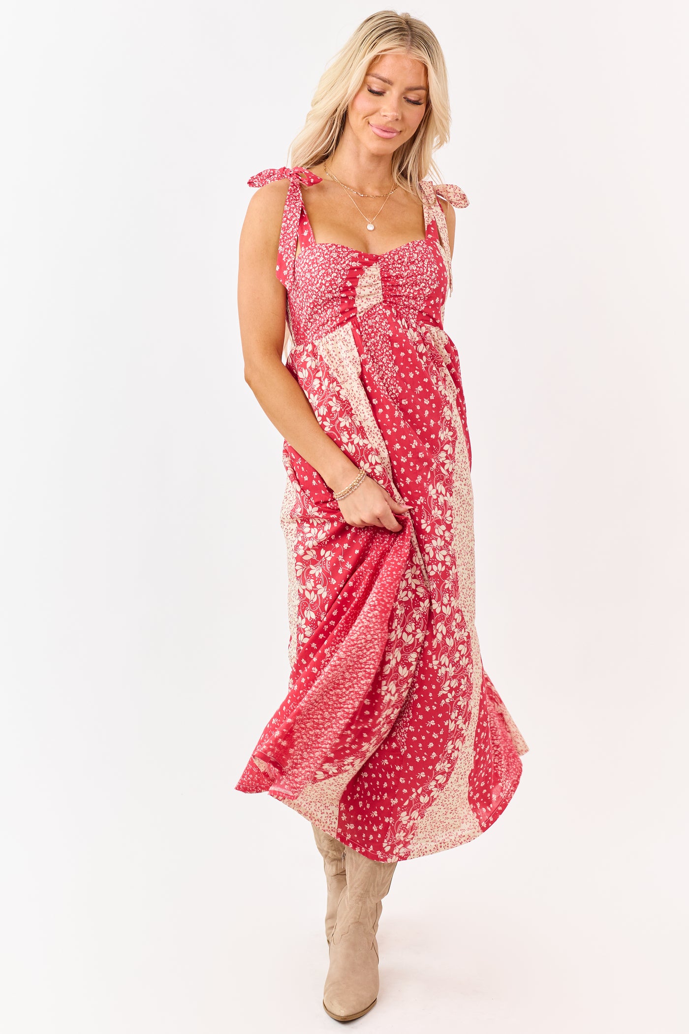 Listicle Crimson Floral Patchwork Cotton Midi Dress