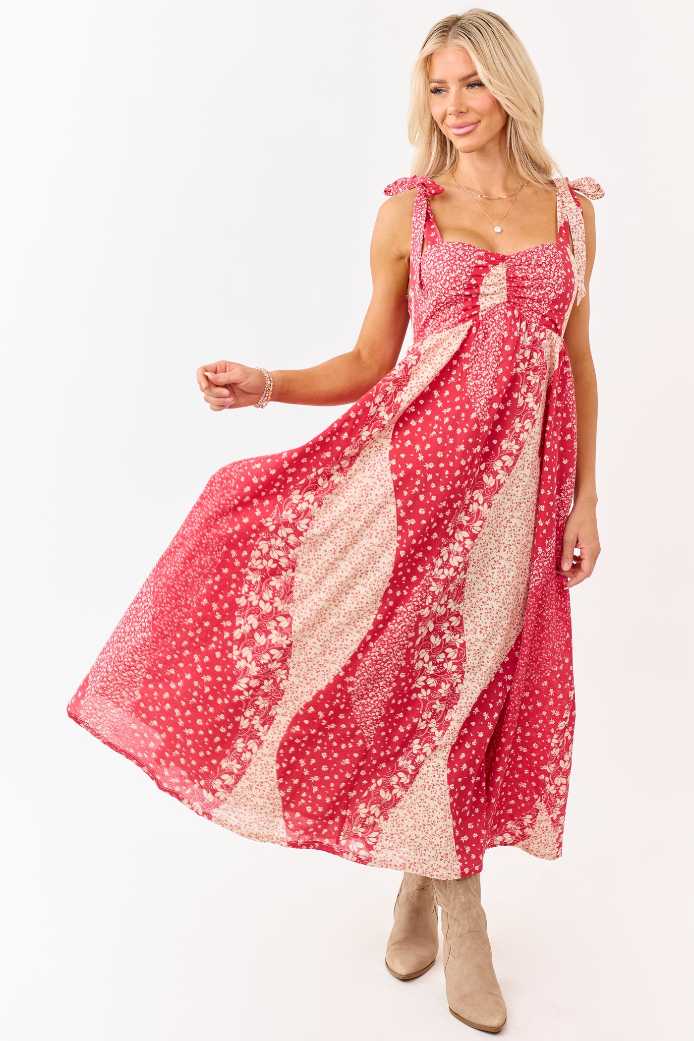 crimson midi dress Listicle Crimson Floral Patchwork Cotton Midi Dress