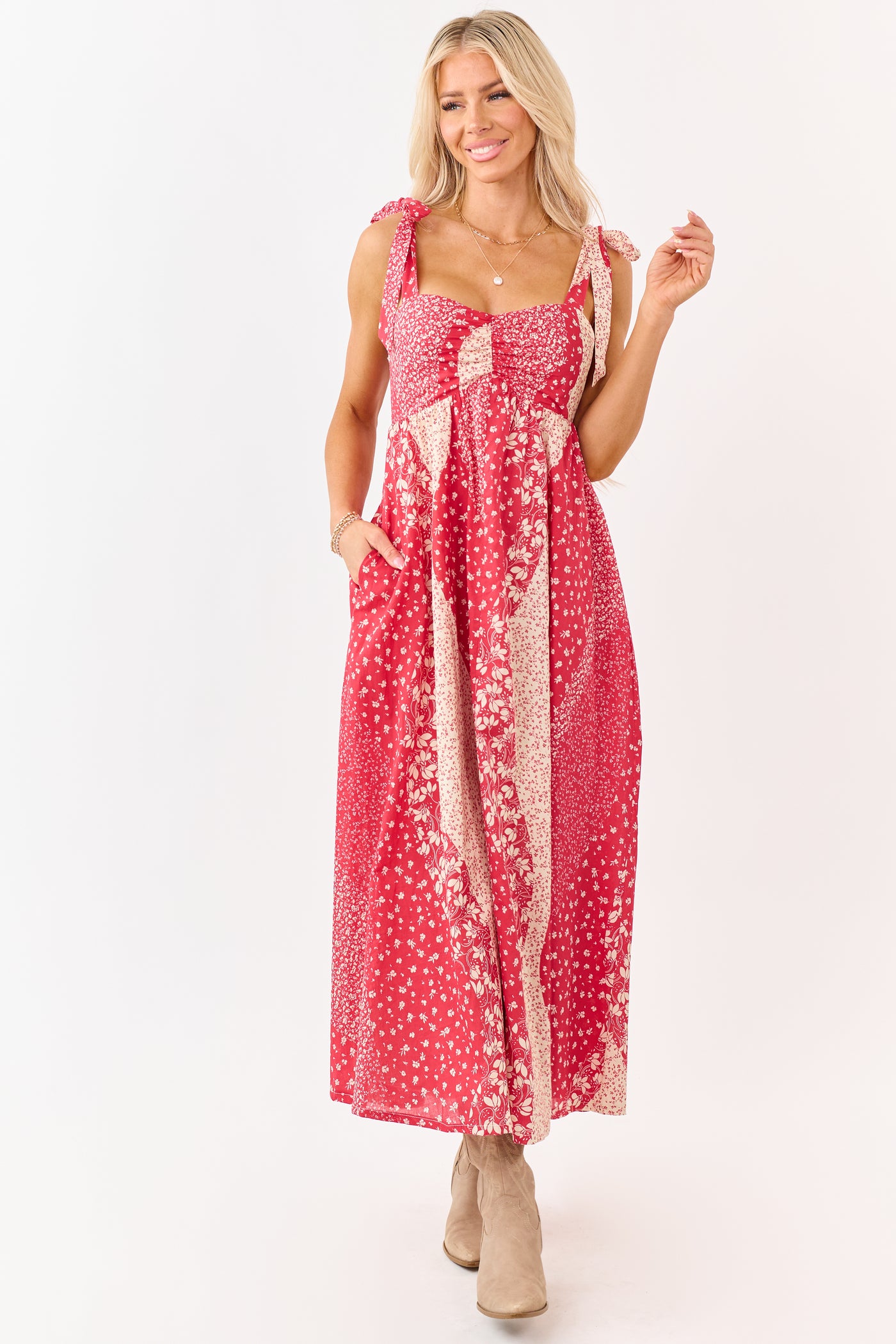 Listicle Crimson Floral Patchwork Cotton Midi Dress