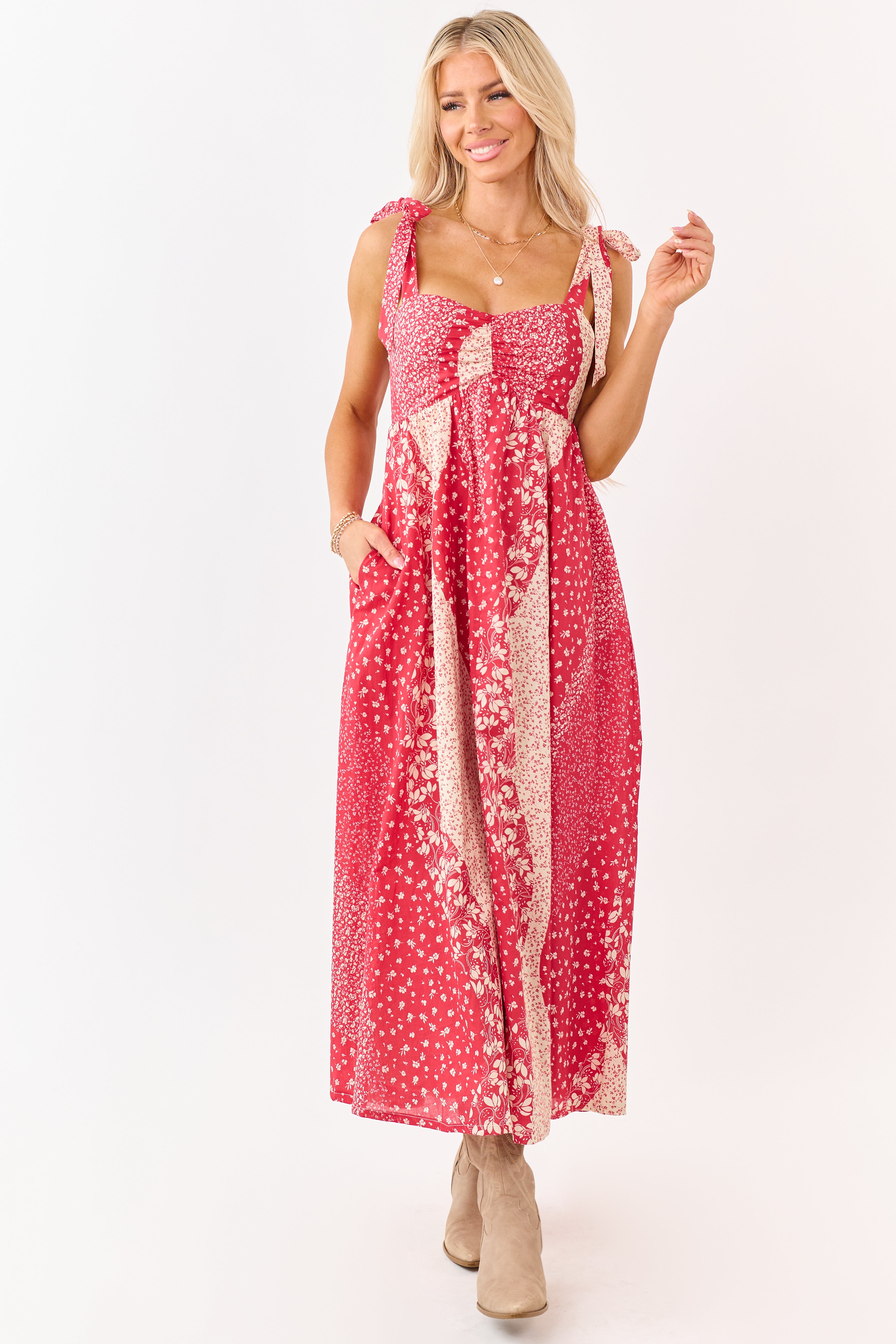 Listicle Crimson Floral Patchwork Cotton Midi Dress