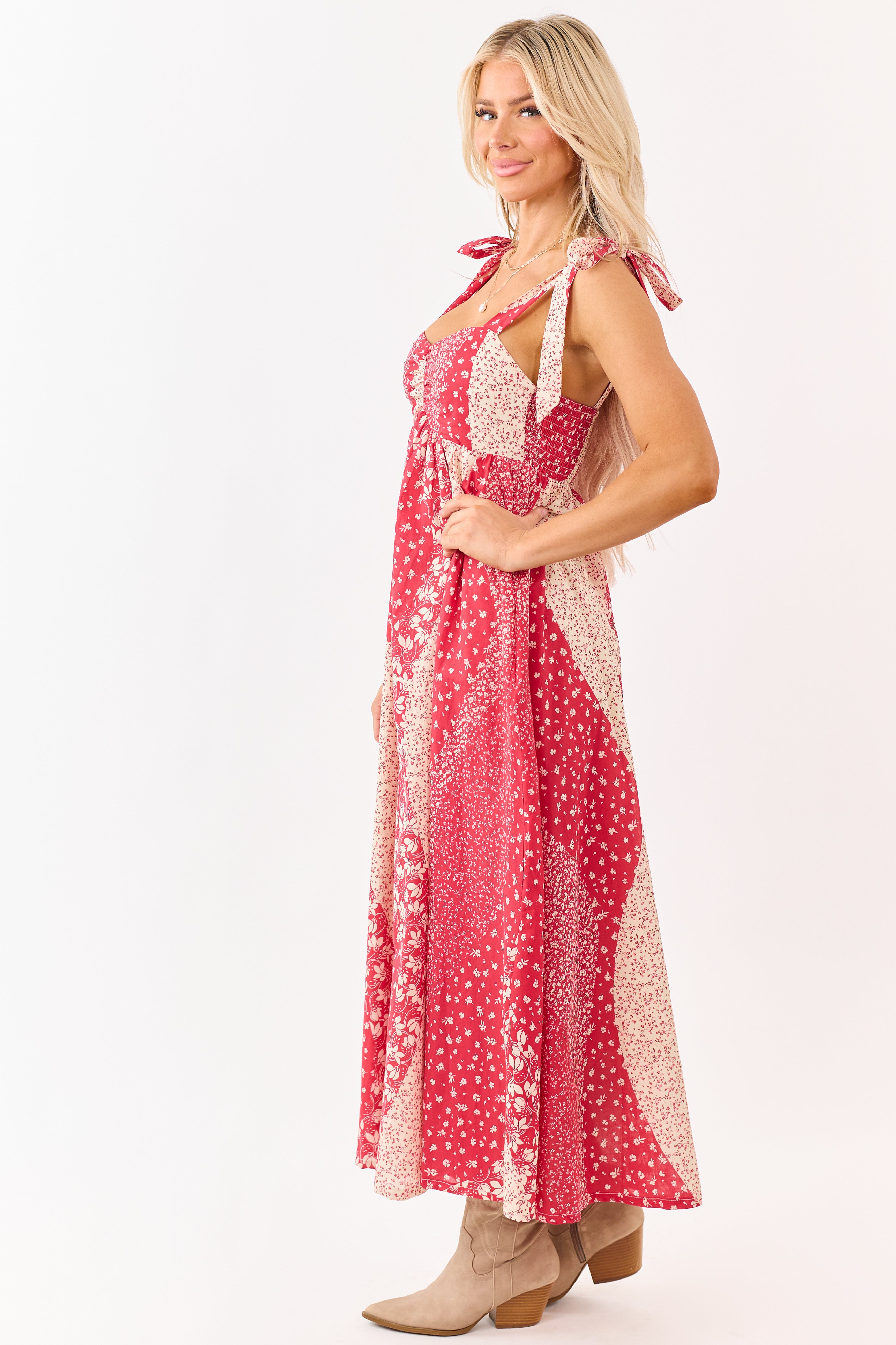 Listicle Crimson Floral Patchwork Cotton Midi Dress