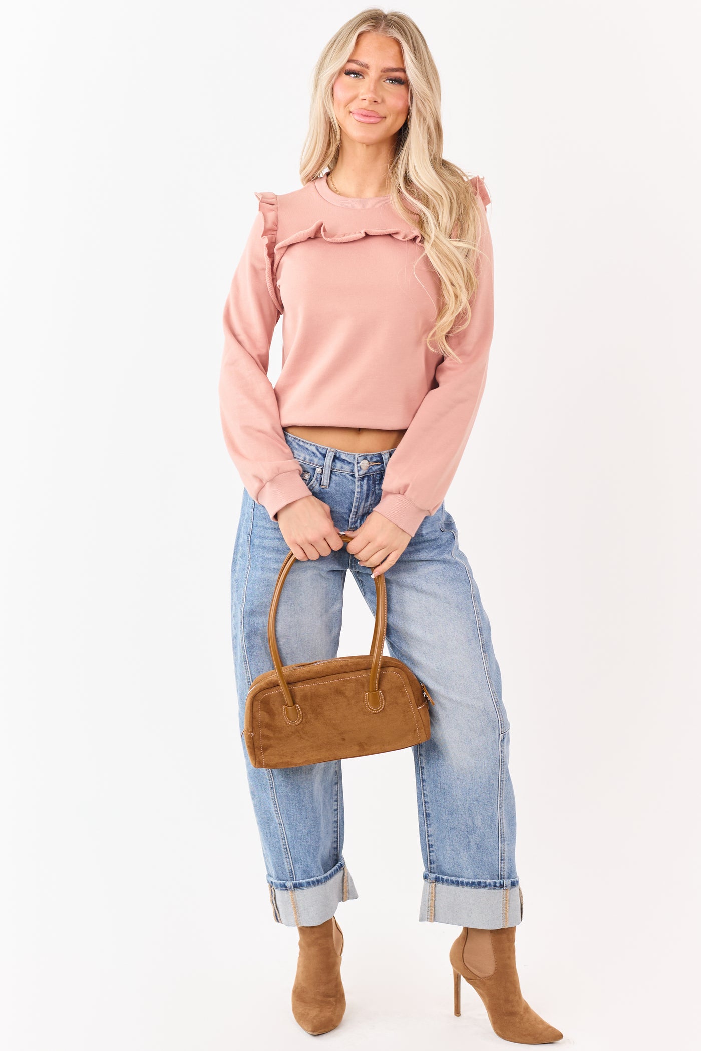Listicle Dusty Coral Ruffled French Terry Sweatshirt