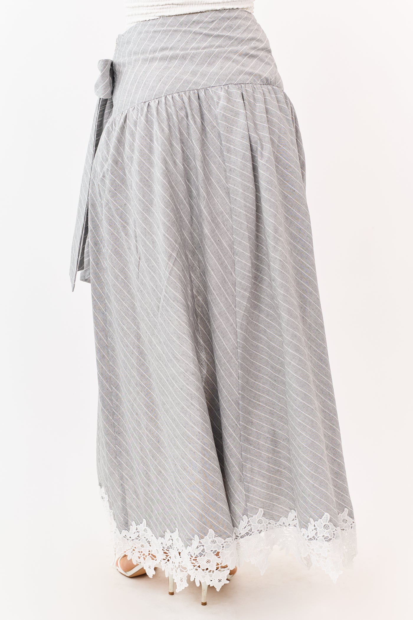 Listicle Heather Grey Striped Lace Trim Cotton Maxi Skirt
