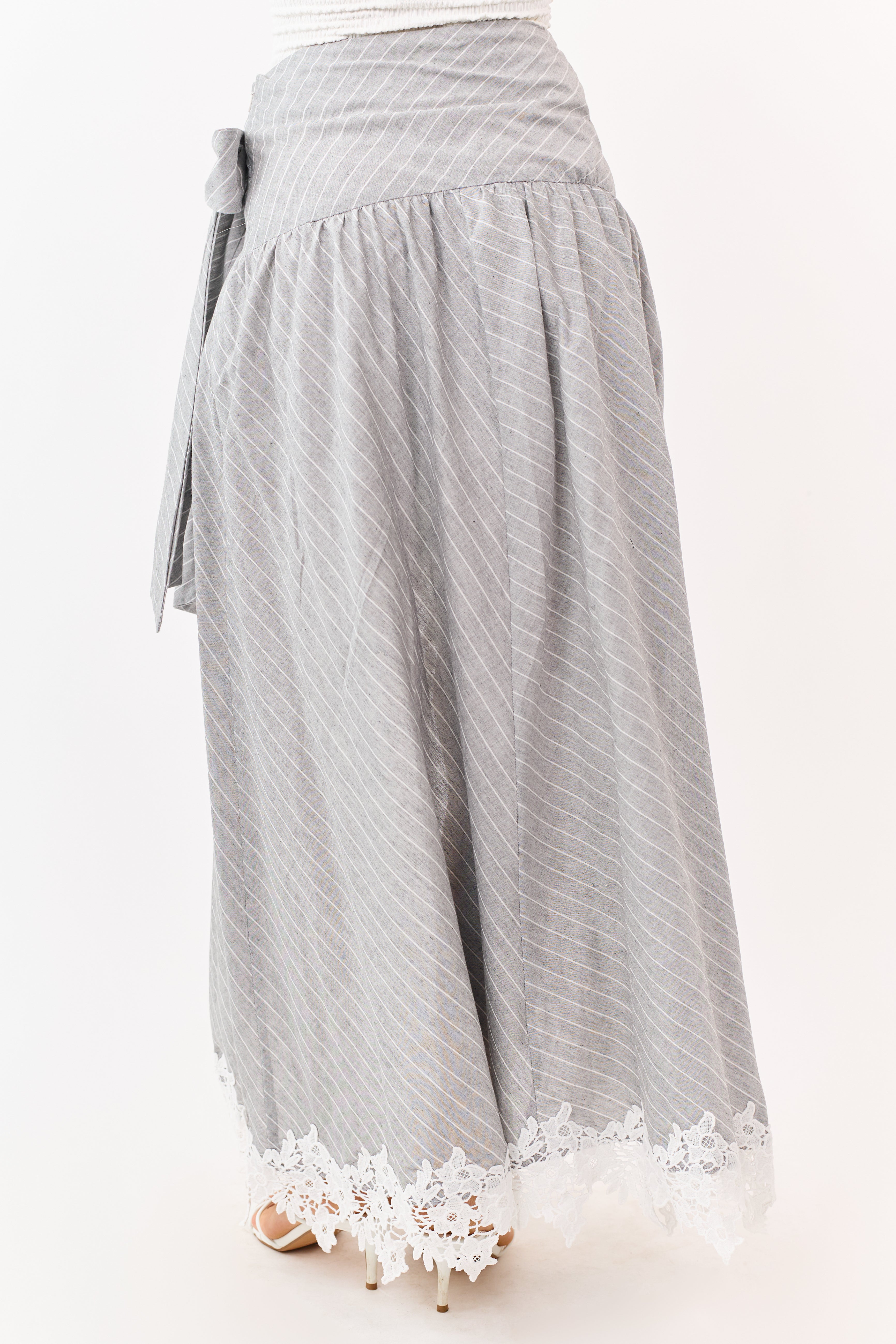 Listicle Heather Grey Striped Lace Trim Cotton Maxi Skirt