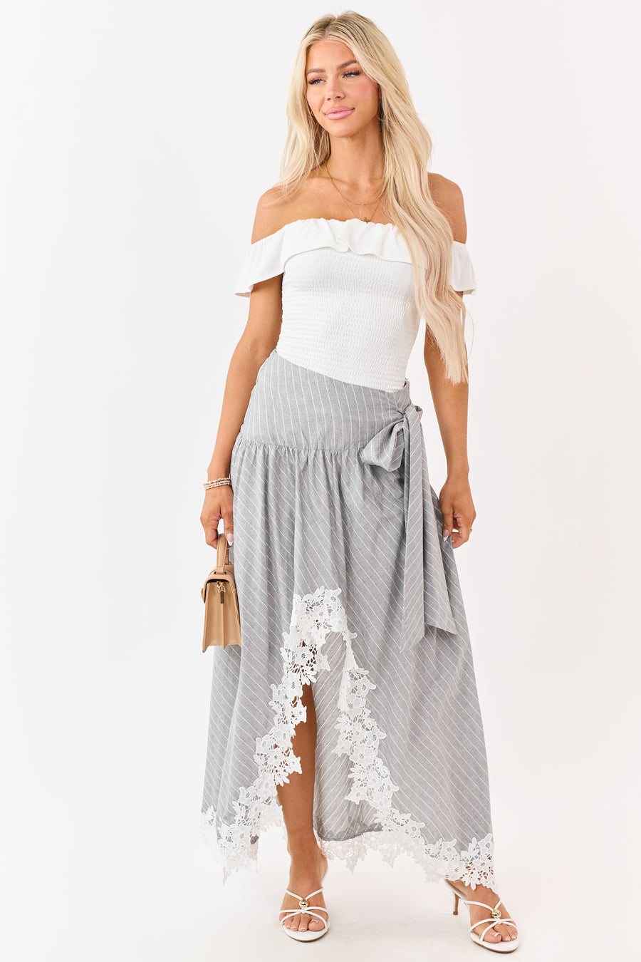 Listicle Heather Grey Striped Lace Trim Cotton Maxi Skirt