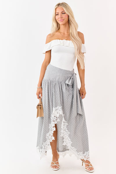 Listicle Heather Grey Striped Lace Trim Cotton Maxi Skirt | Lime