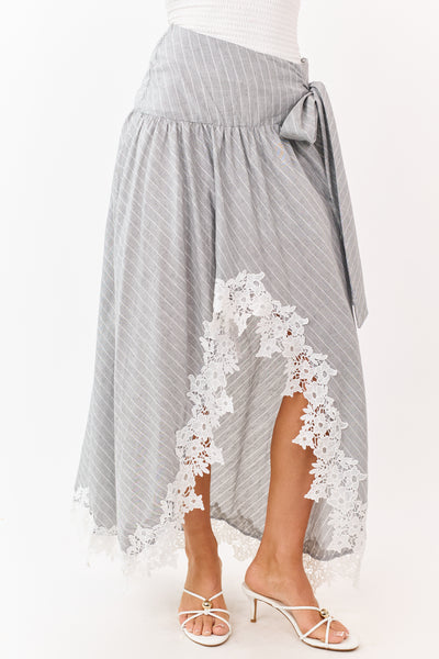 Listicle Heather Grey Striped Lace Trim Cotton Maxi Skirt