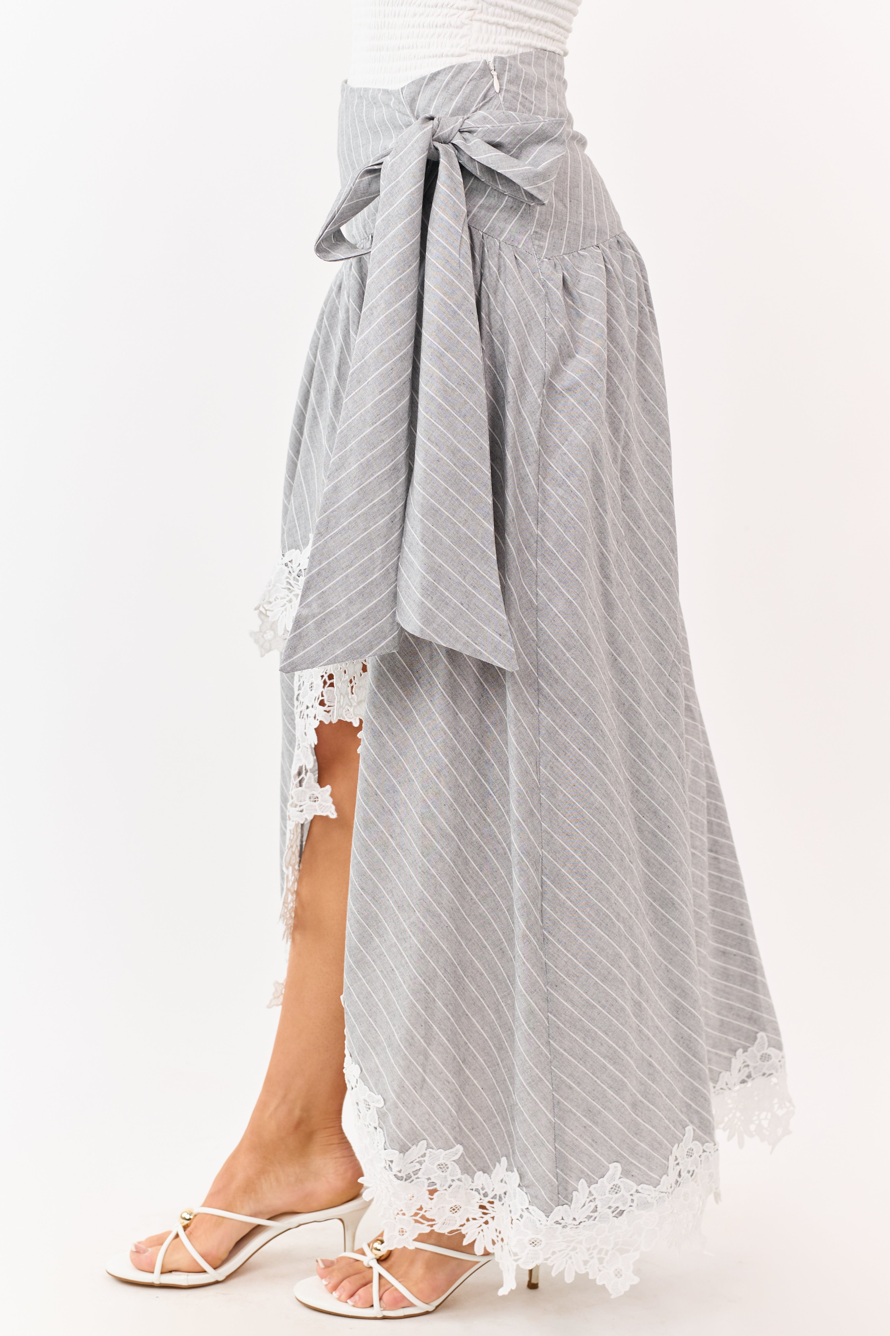 Listicle Heather Grey Striped Lace Trim Cotton Maxi Skirt