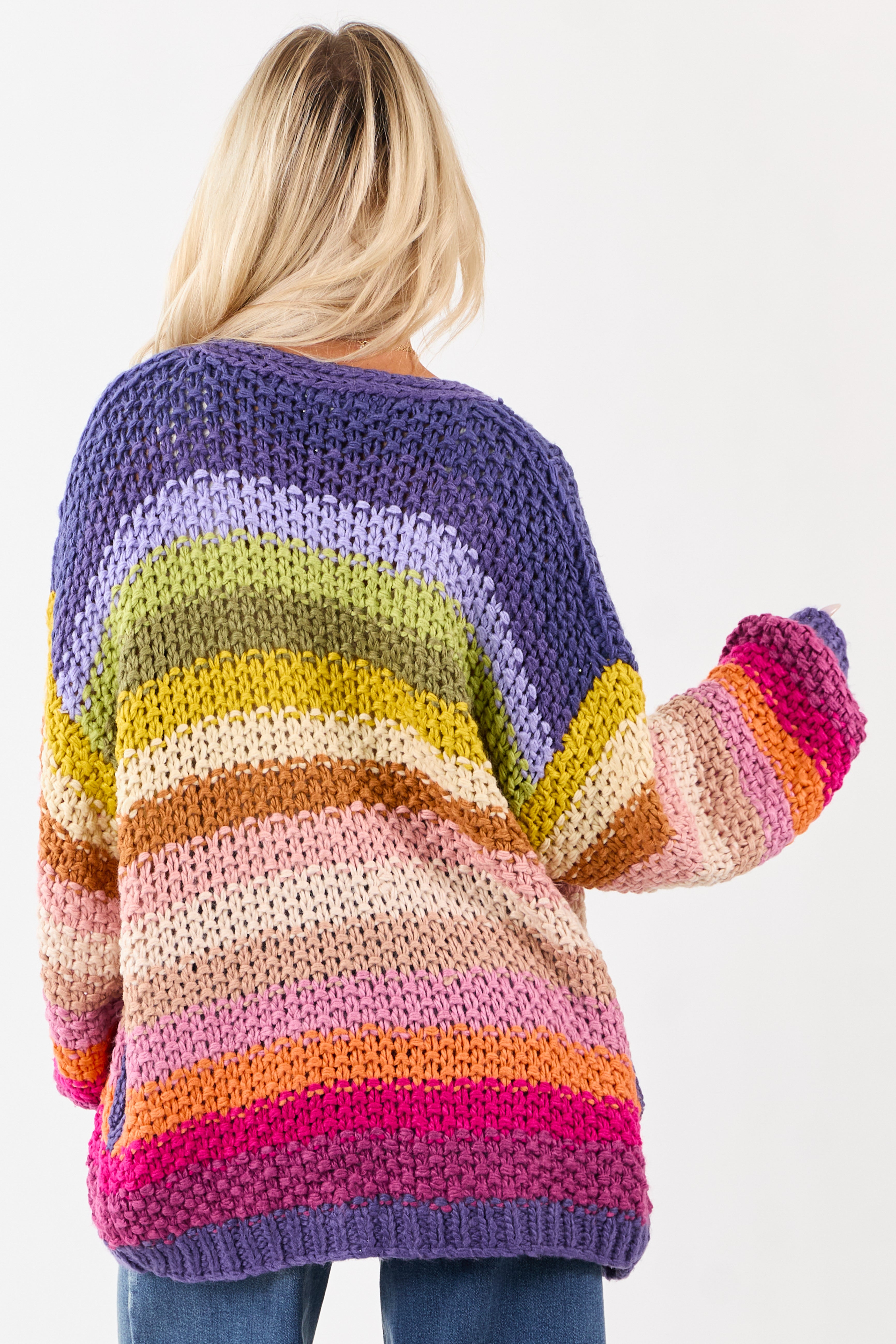 Listicle Indigo Multicolor Stripe Crochet Cardigan