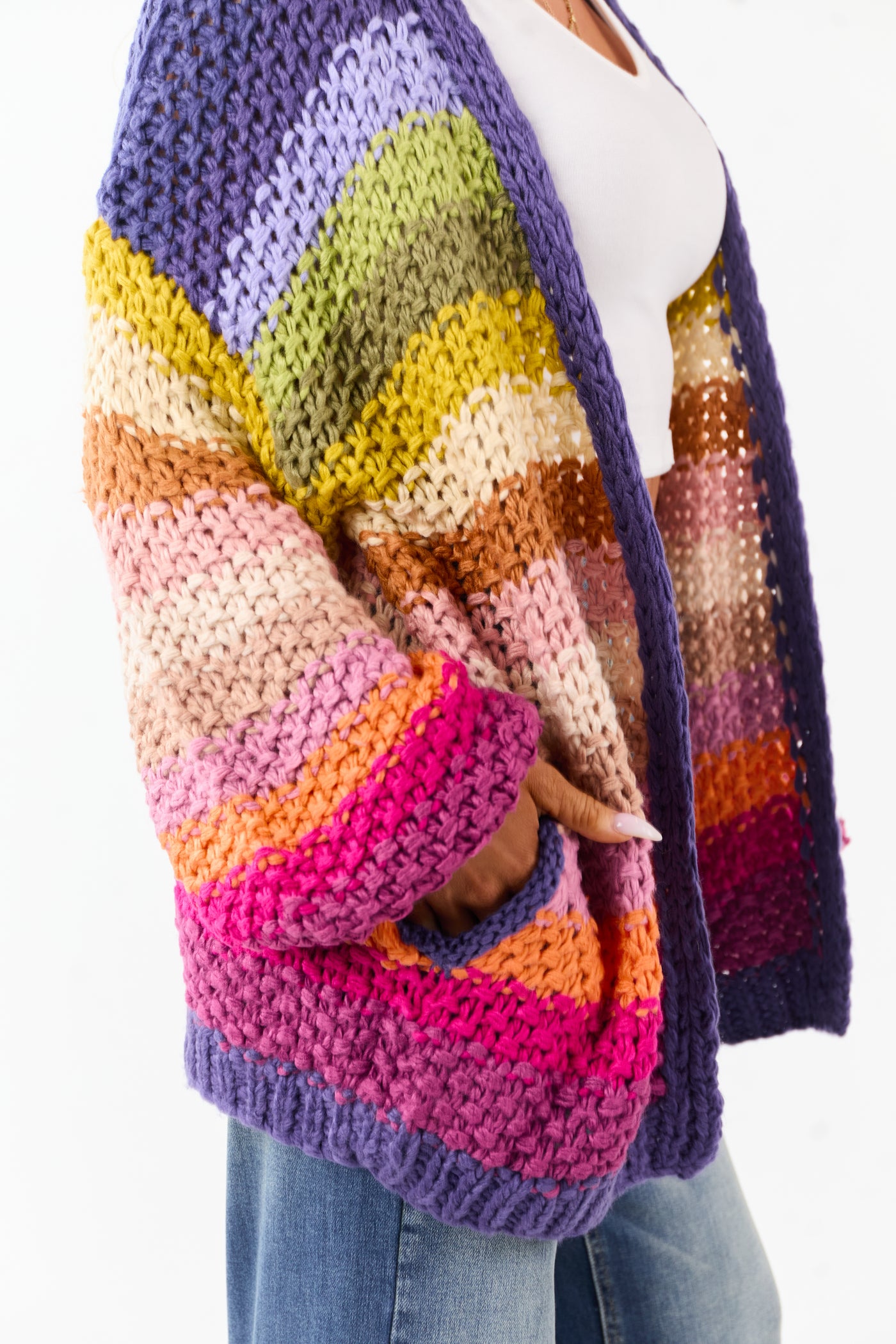 Listicle Indigo Multicolor Stripe Crochet Cardigan