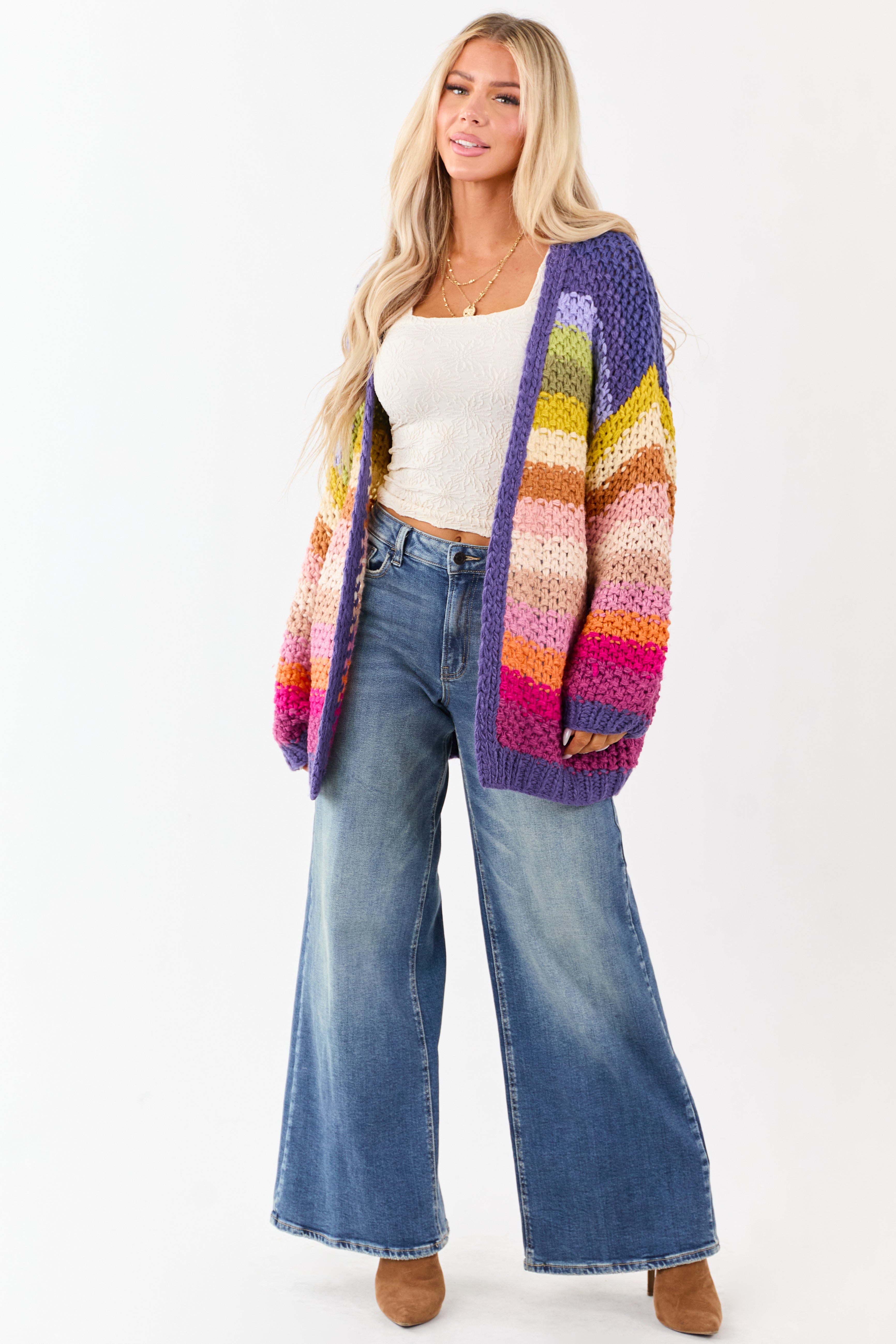 Listicle Indigo Multicolor Stripe Crochet Cardigan