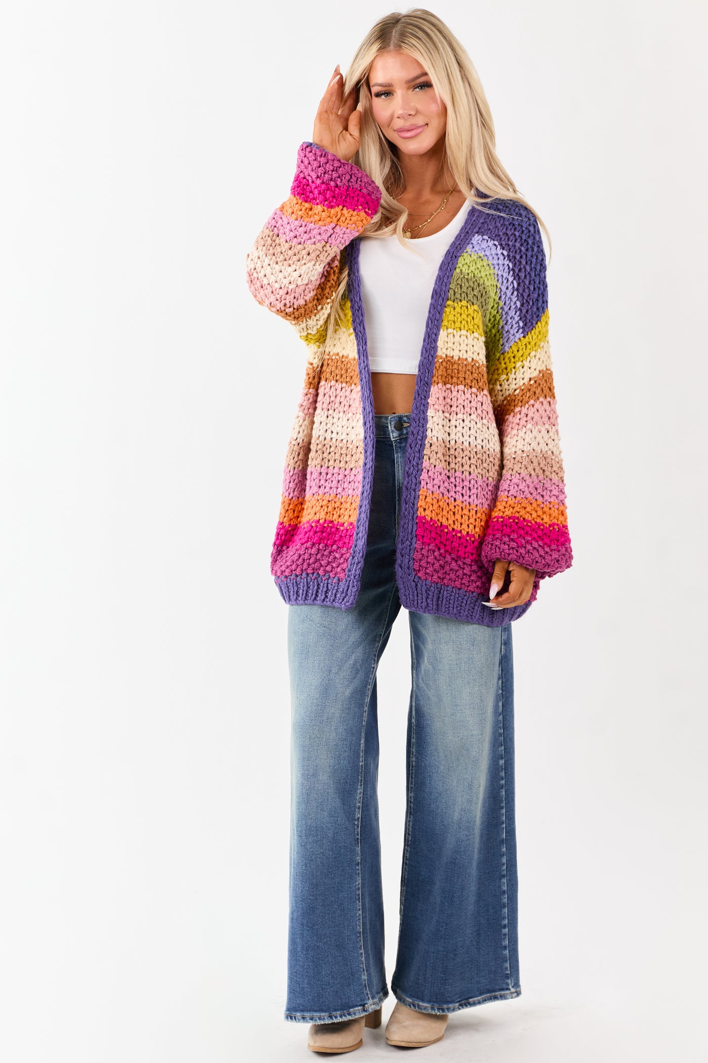 Listicle Indigo Multicolor Stripe Crochet Cardigan