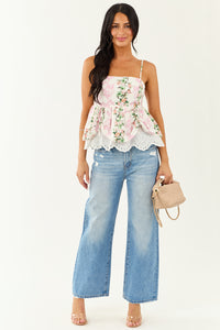 Listicle Ivory Floral Print Cotton Babydoll Cami Top