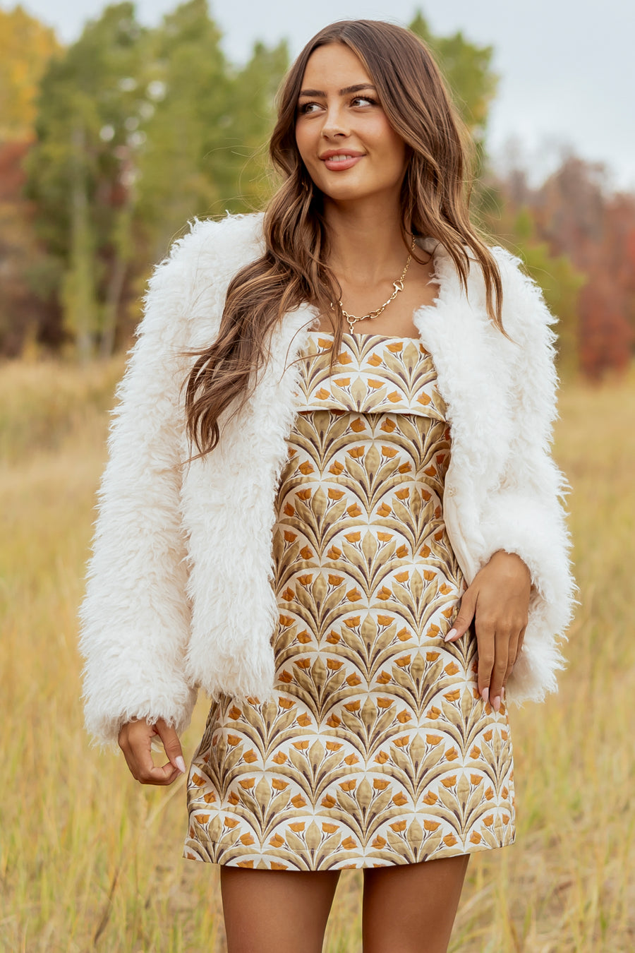 Listicle Ivory Shaggy Faux Fur Hook Closure Coat