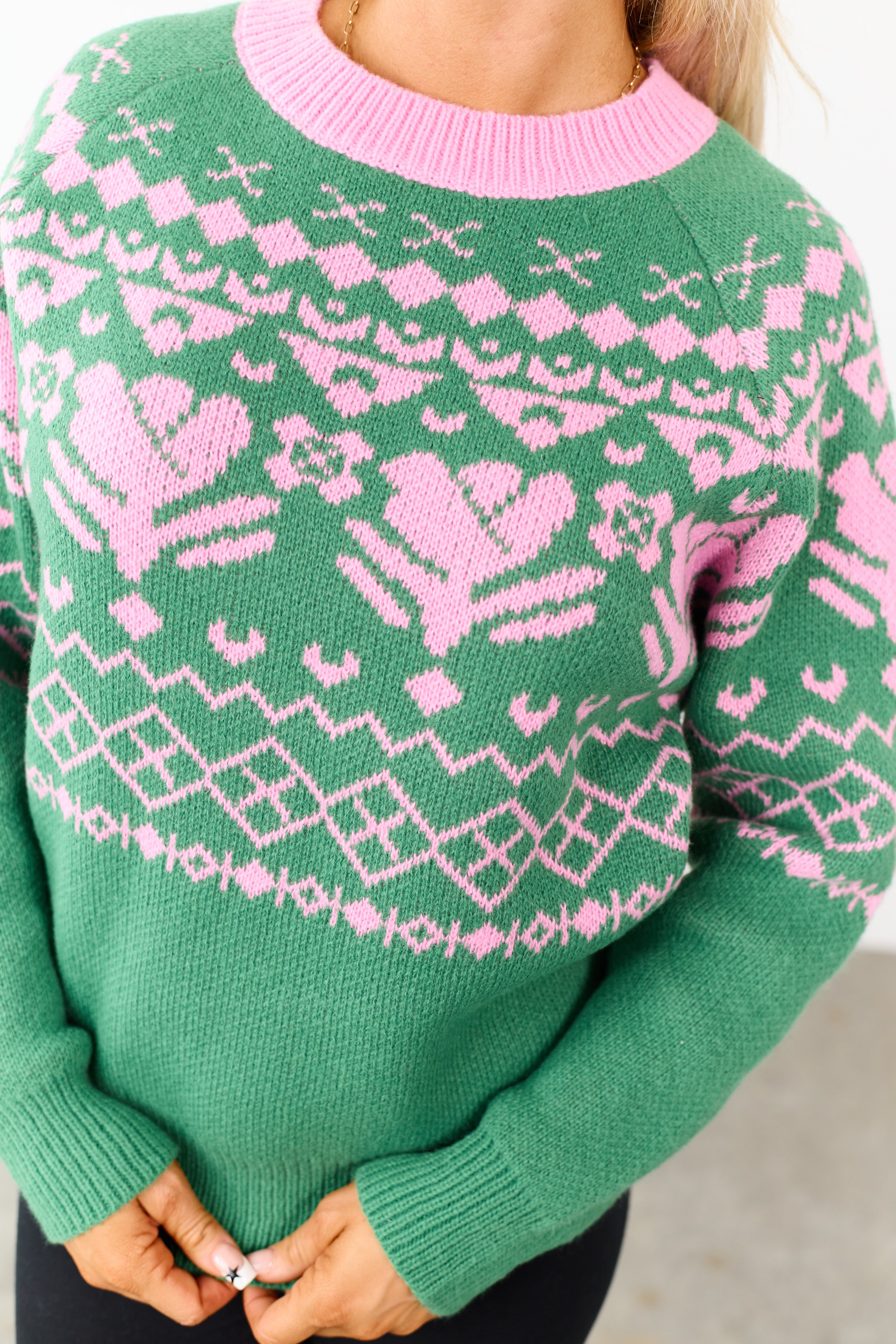 Listicle Kelly Green Fair Isle Print Sweater