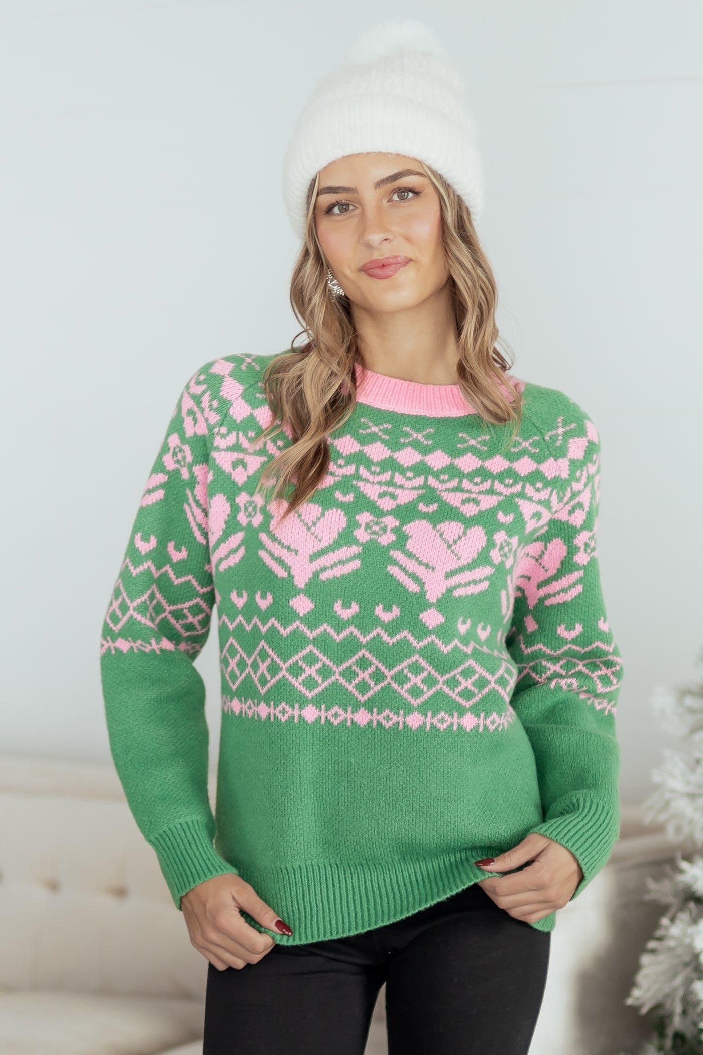Listicle Kelly Green Fair Isle Print Sweater