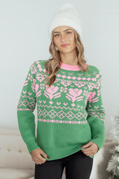 Listicle Kelly Green Fair Isle Print Sweater