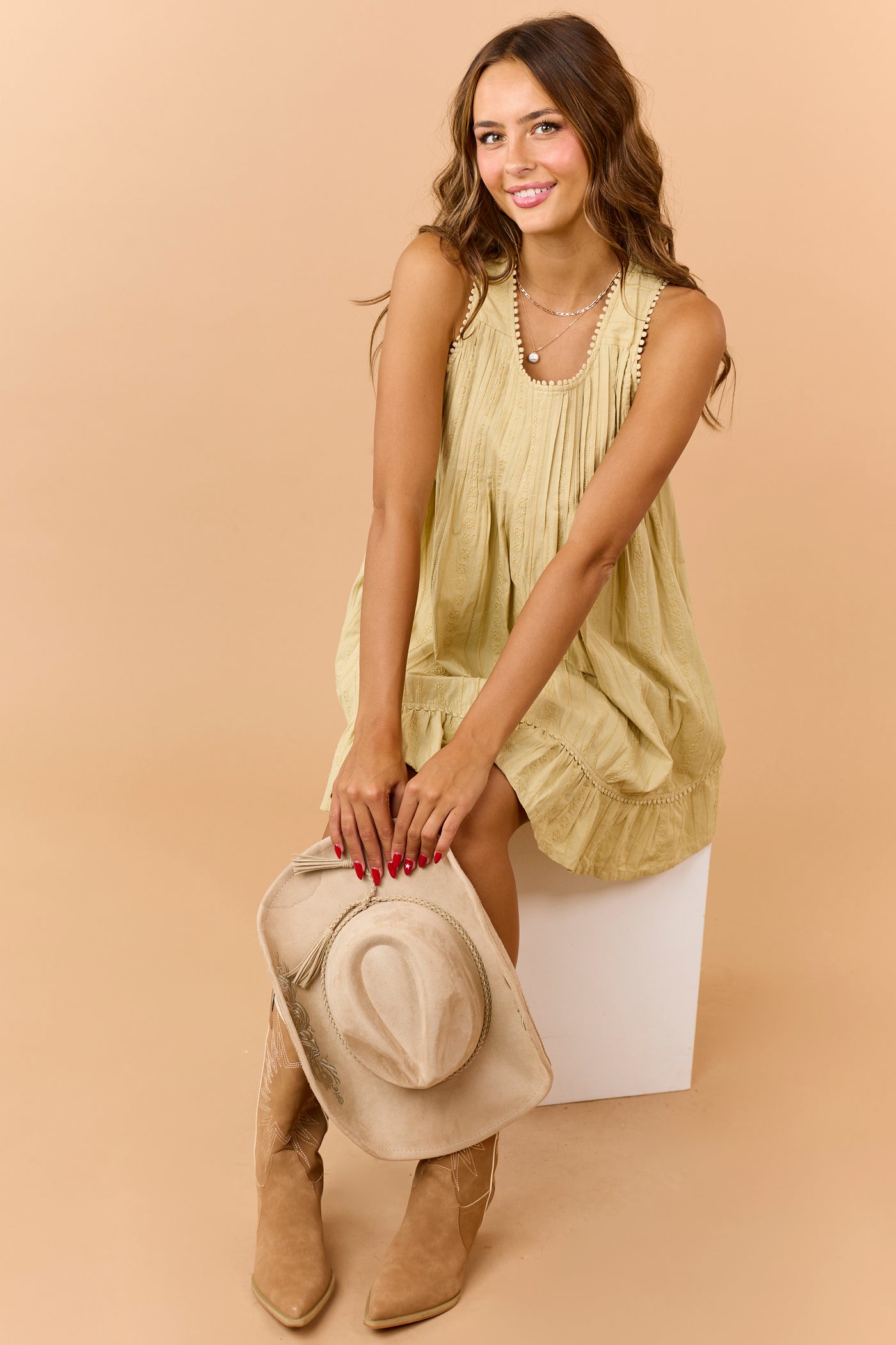 Listicle Light Olive Cotton Pleated Mini Dress