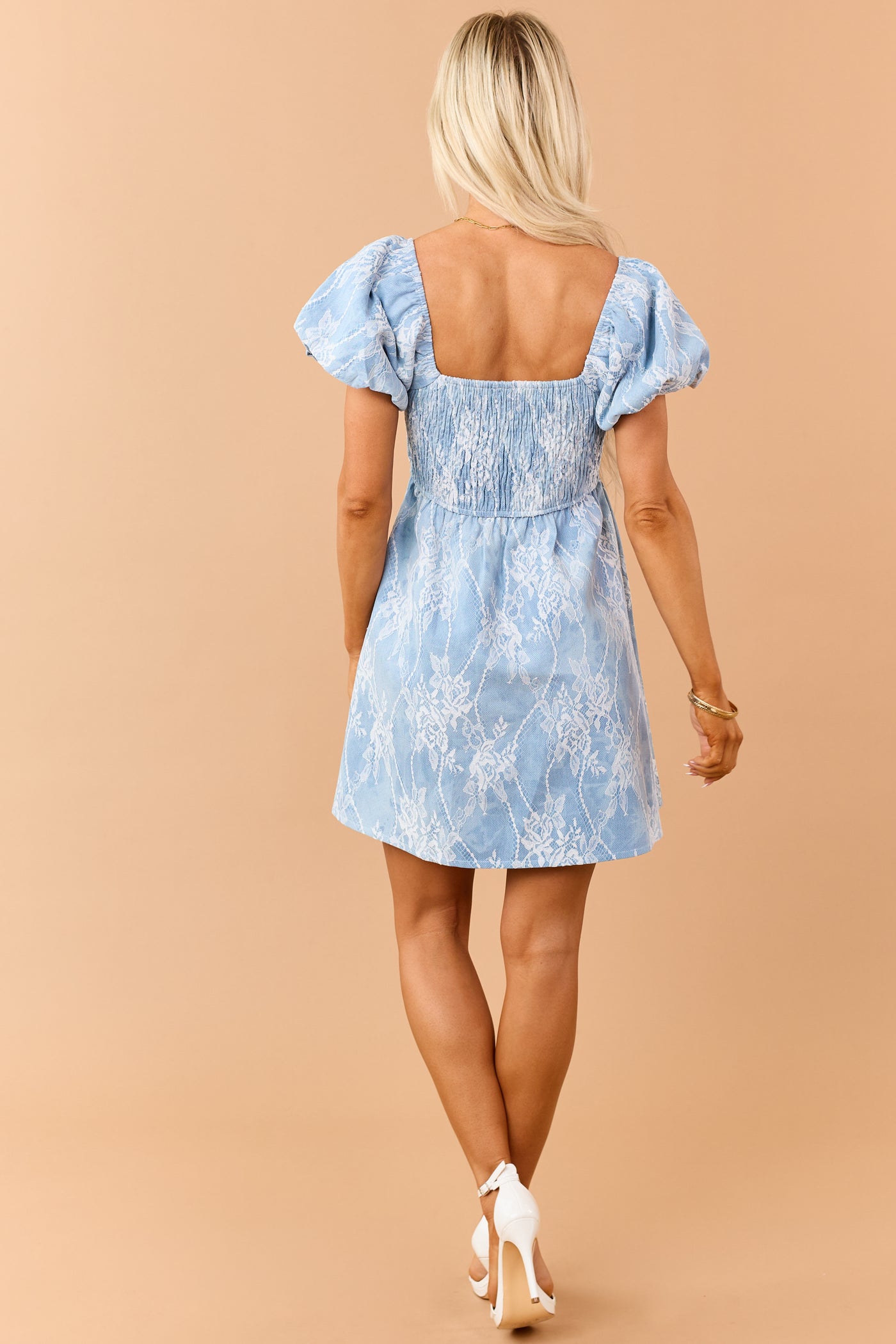 Listicle Light Wash Denim Lace Overlay Mini Dress