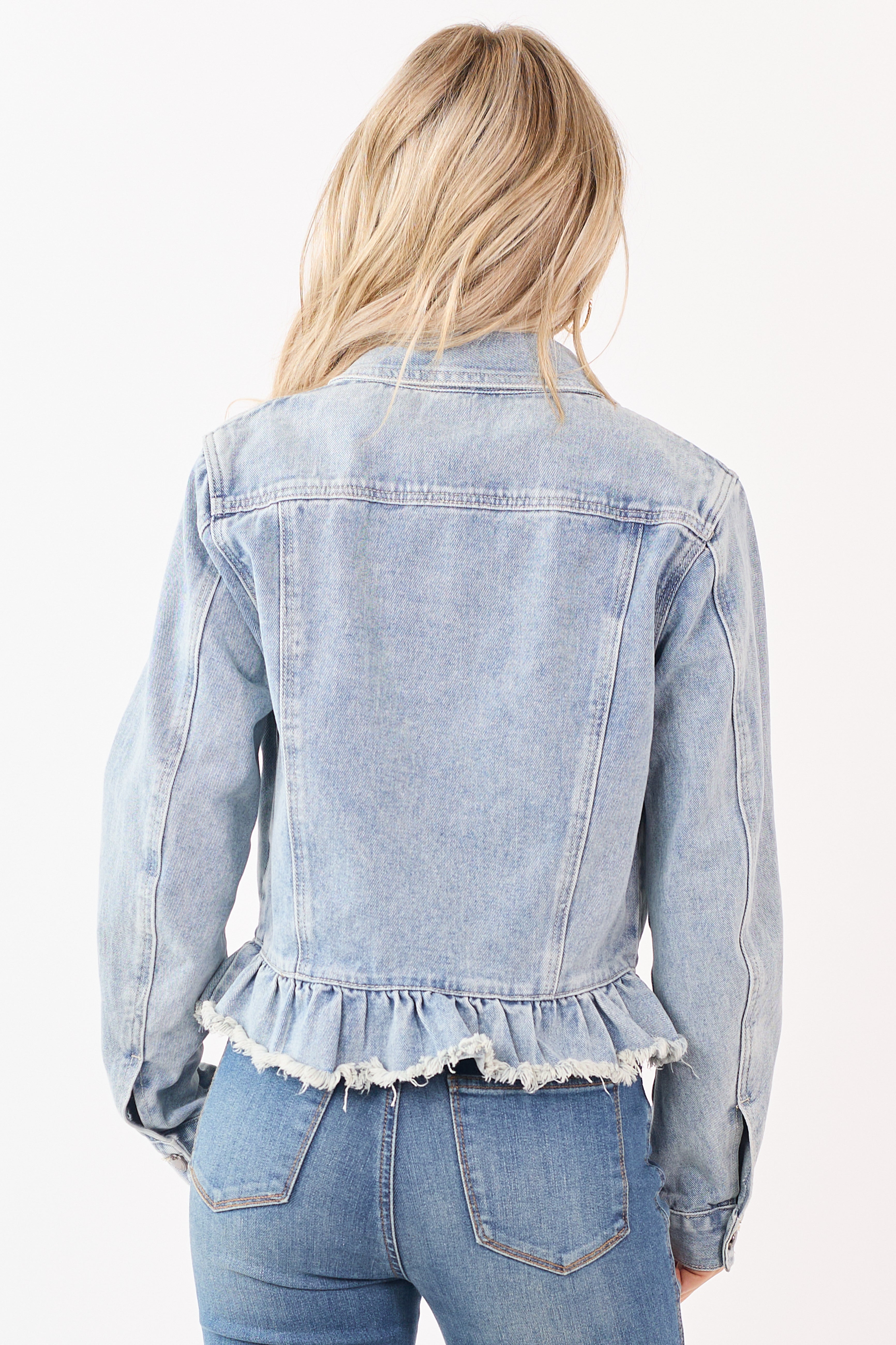 Listicle Light Wash Denim Ruffled Button Down Jacket
