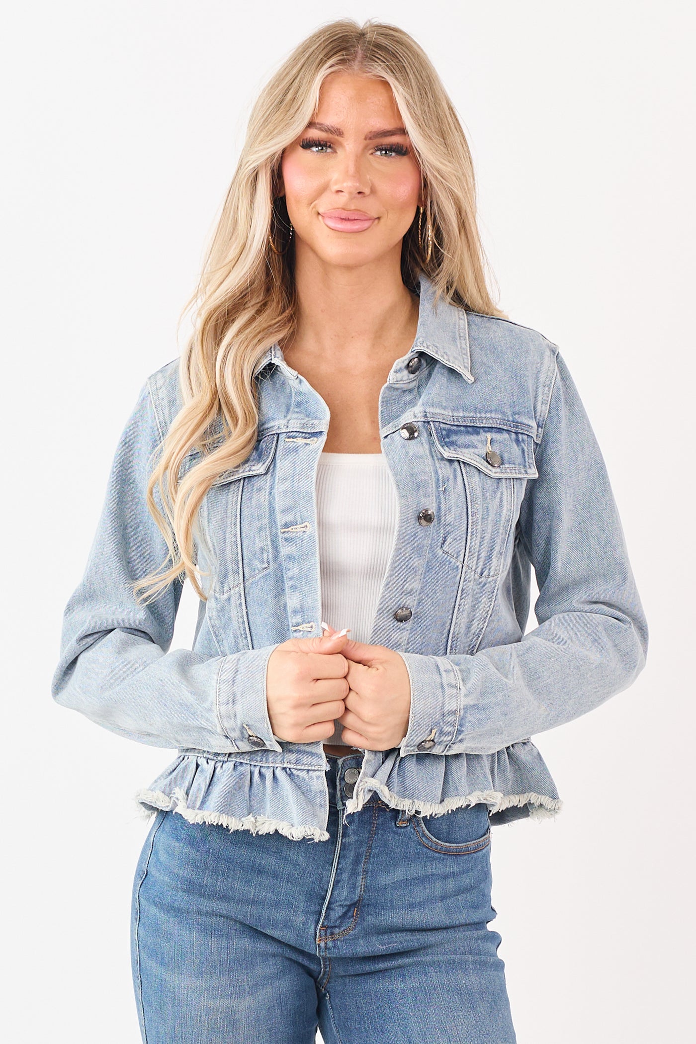 Listicle Light Wash Denim Ruffled Button Down Jacket