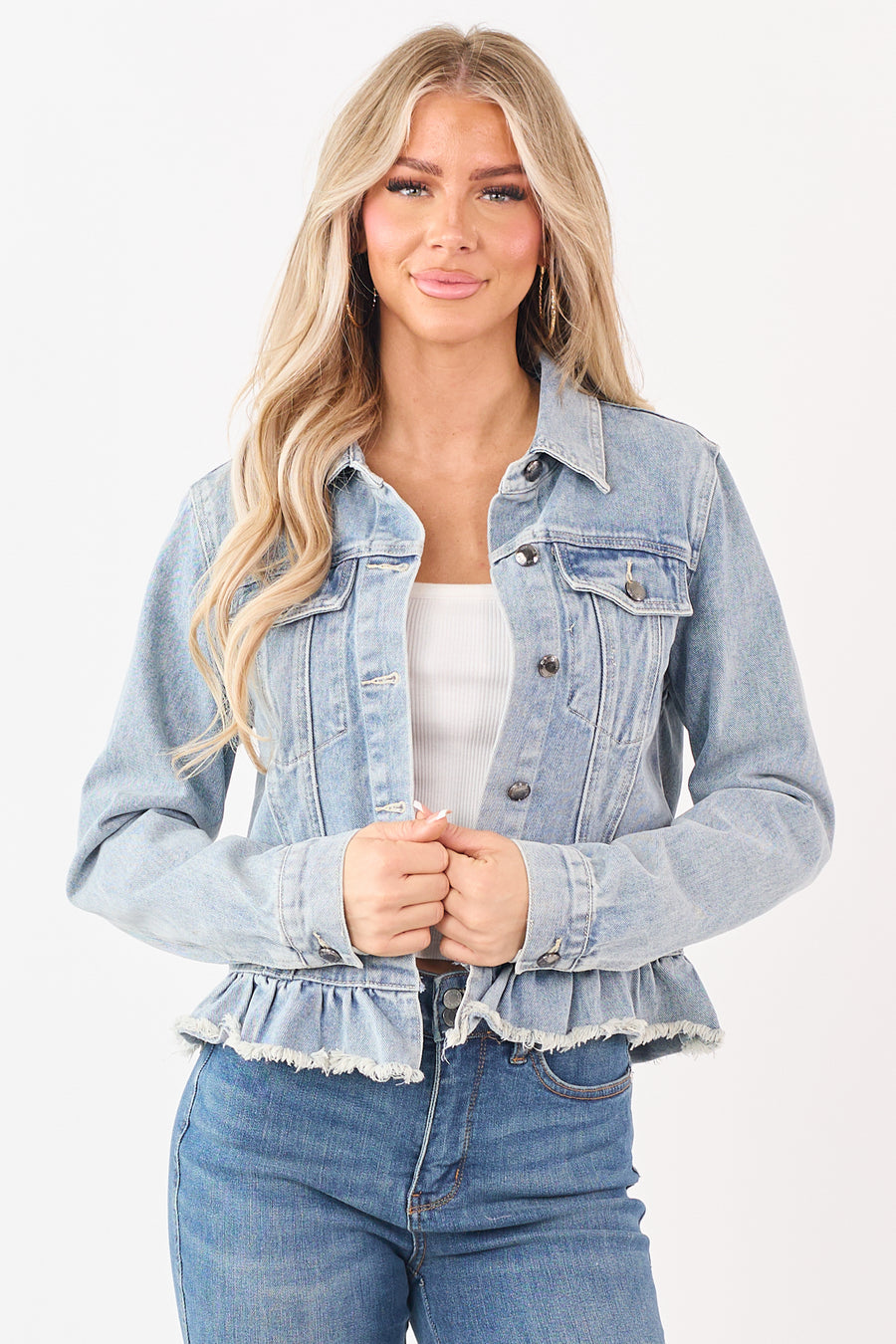 Listicle Light Wash Denim Ruffled Button Down Jacket