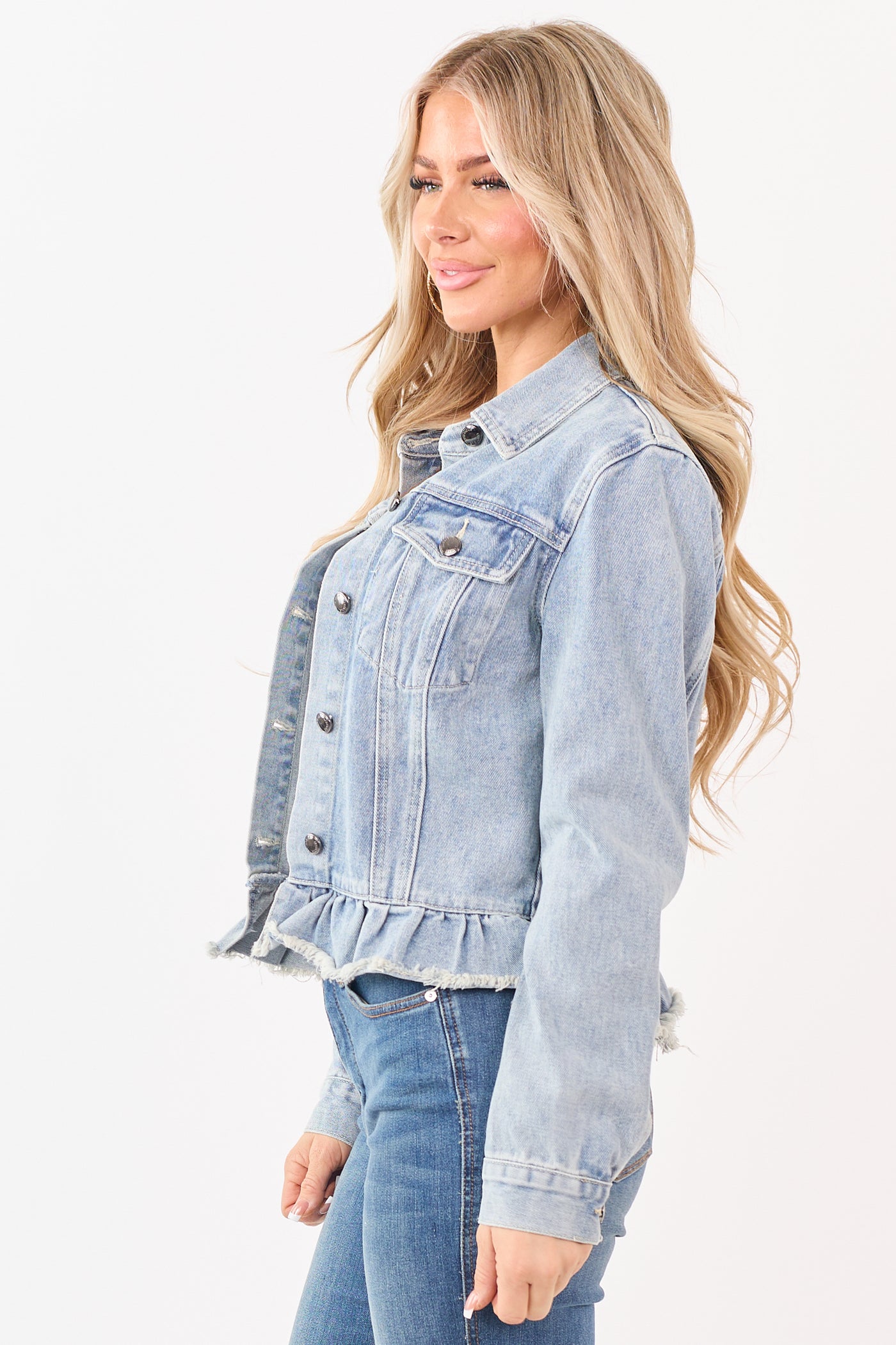 Listicle Light Wash Denim Ruffled Button Down Jacket