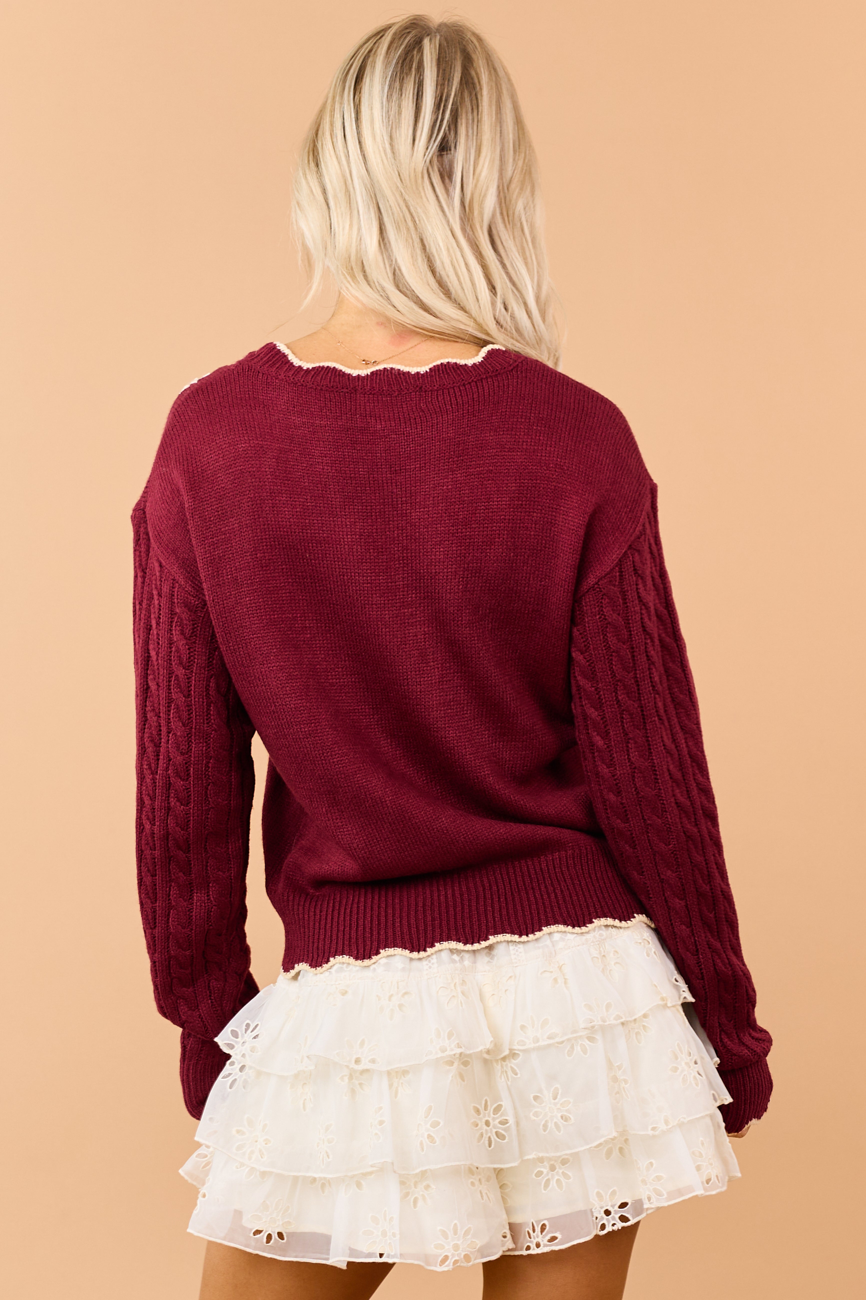 Listicle Maroon Cable Knit Embroidered Sweater
