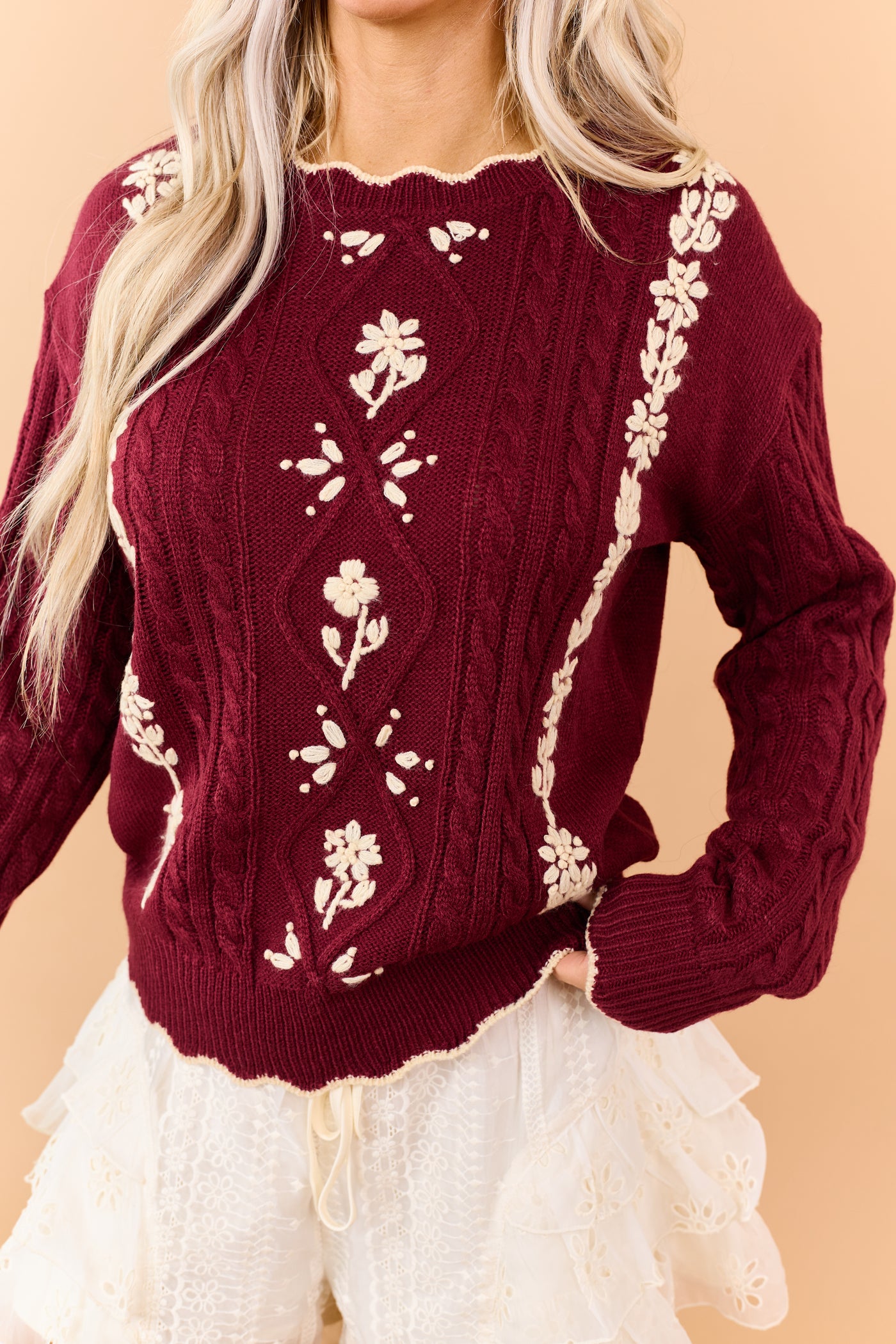 Listicle Maroon Cable Knit Embroidered Sweater